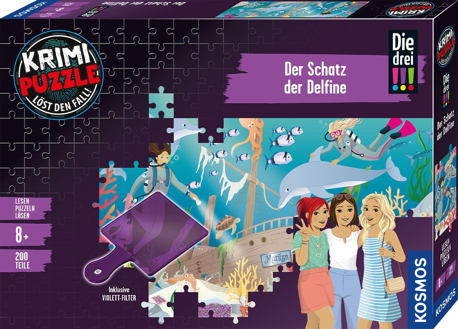 Kosmos 685287 Krimi Puzzle Die DREI !!! Der Schatz der Delfine, 200 Teile, Lesen, Puzzeln, Rätsel lösen, Delfin Puzzle für Kinder ab 8 Jahre mit Die DREI Ausrufezeichen
