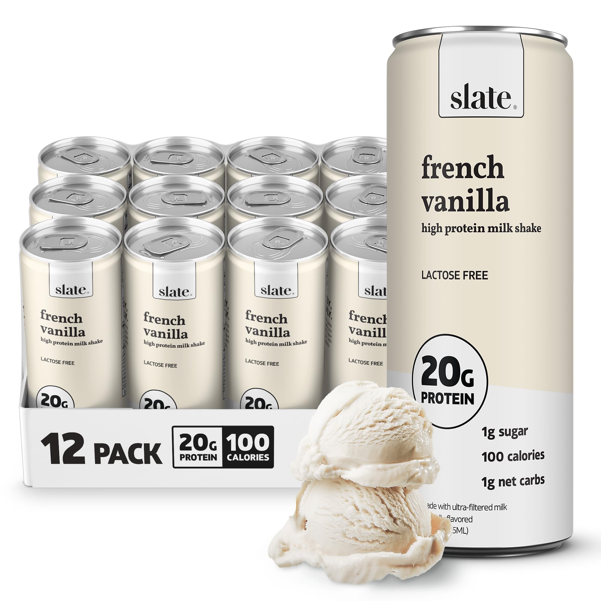 Slate Milk - High Protein Milk Shake - French Vanilla - Lactose Free, 20g Protein, 1g Sugar, 100 Calories, 1g Net Carbs, No Added Sugar - Natural, Breakfast Boost, Post Workout - 11 fl oz, 12 Cans