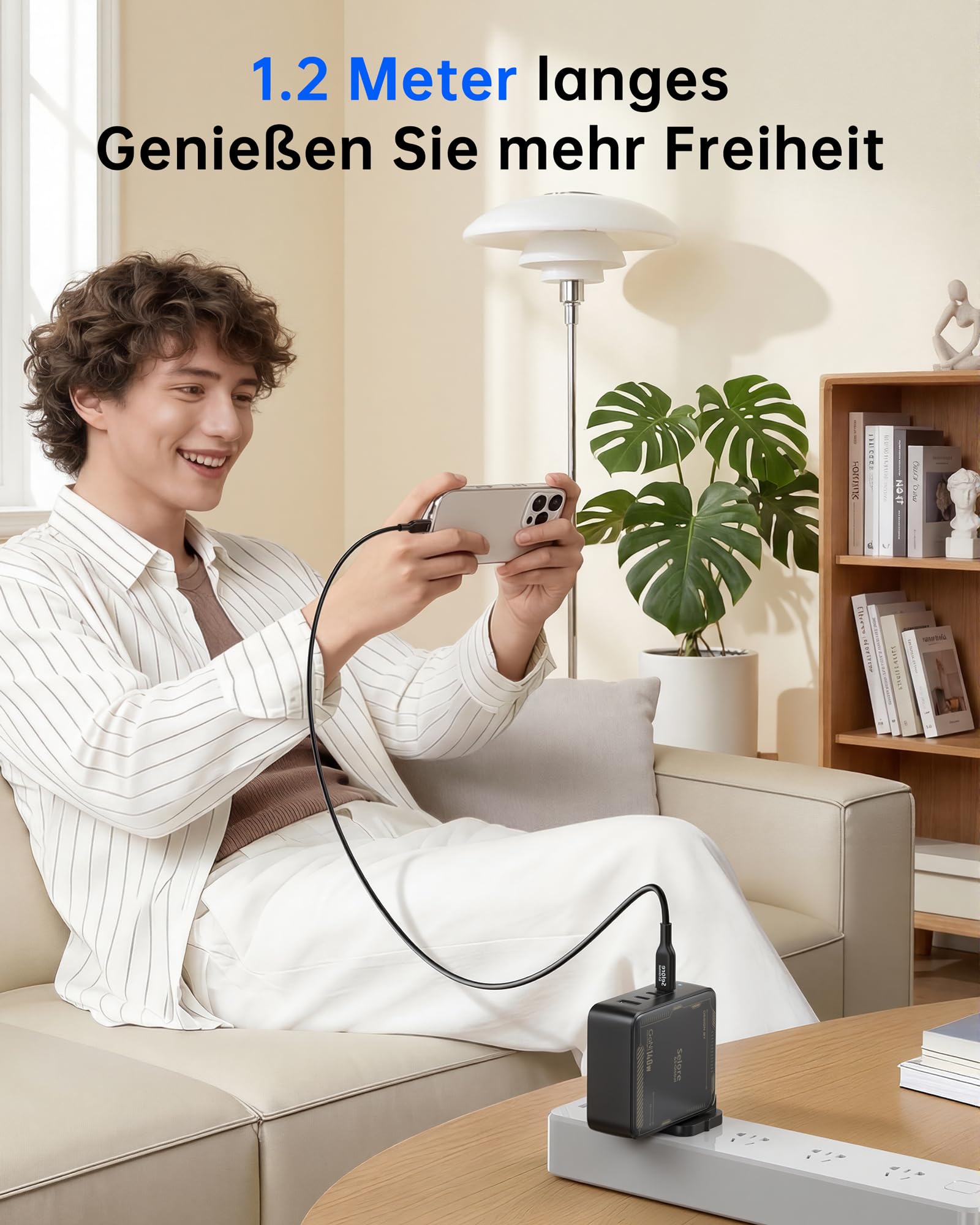 SELORE - Caricatore USB C GaN da 140 W, 4 porte, con cavo da USB C a USB C da 2 m, 140 W, alimentatore di rete PD 3.1 per MacBook Pro/Air, iPhone 17/16/15, Samsung S25/S24, iPad, caricatore per laptop