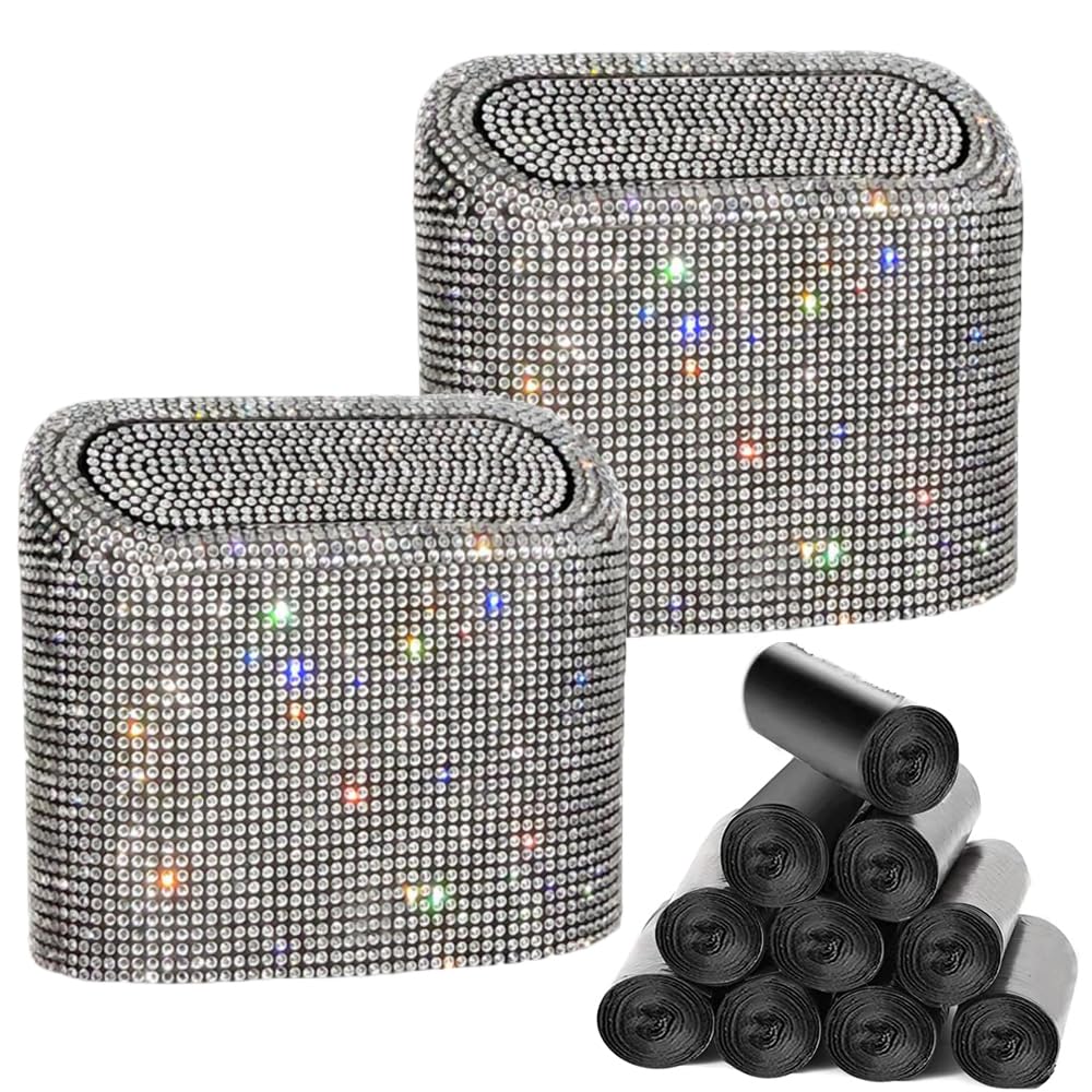 2pcs Bling Car Trash Can with Lid, Small Car Trash Can with 150pcs Car