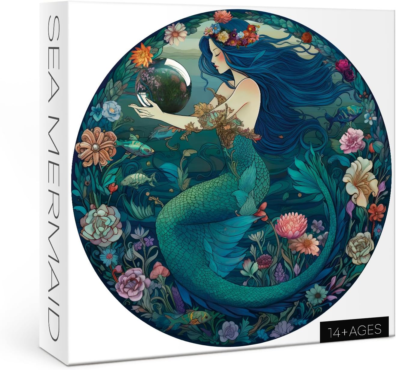 Ocean Mermaid Puzzle 1000 Pieces, Sea Princess Fairy Mandala Jigsaw Puzzles for Adults, Zodiac Mystic Underwater Green Round Puzzles