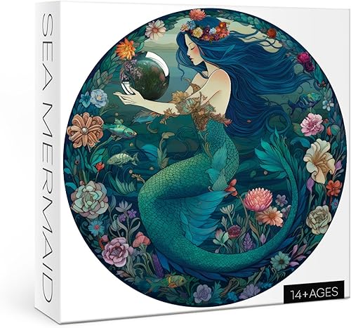 Rompecabezas de sirena oceánica de 1000 piezas, rompecabezas de mandala de hadas de princesa marina para adultos, rompecabezas redondos verdes