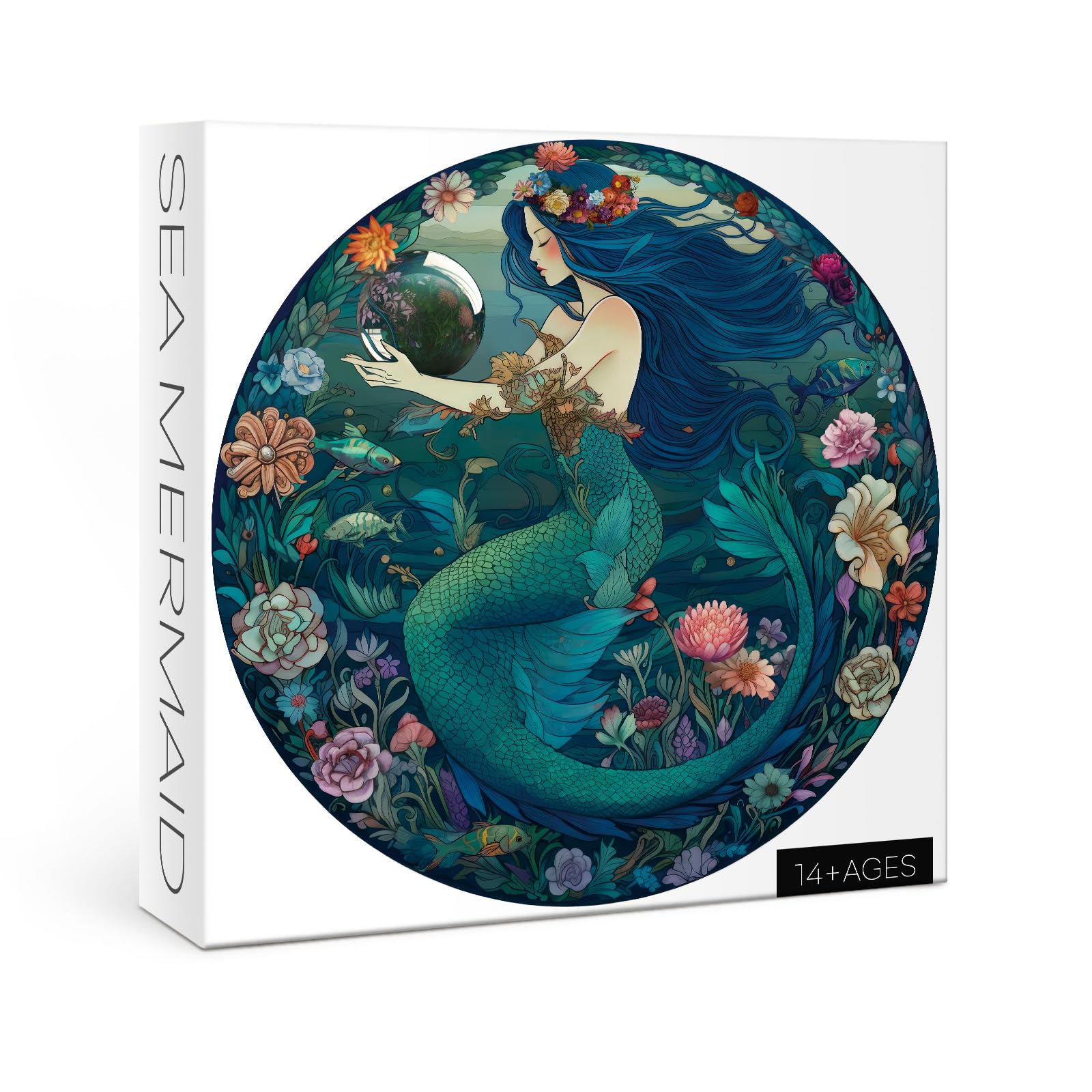 Ocean Mermaid Puzzle 1000 Pieces, Sea Princess Fairy Mandala Jigsaw Puzzles for Adults, Zodiac Mystic Underwater Green Round Puzzles