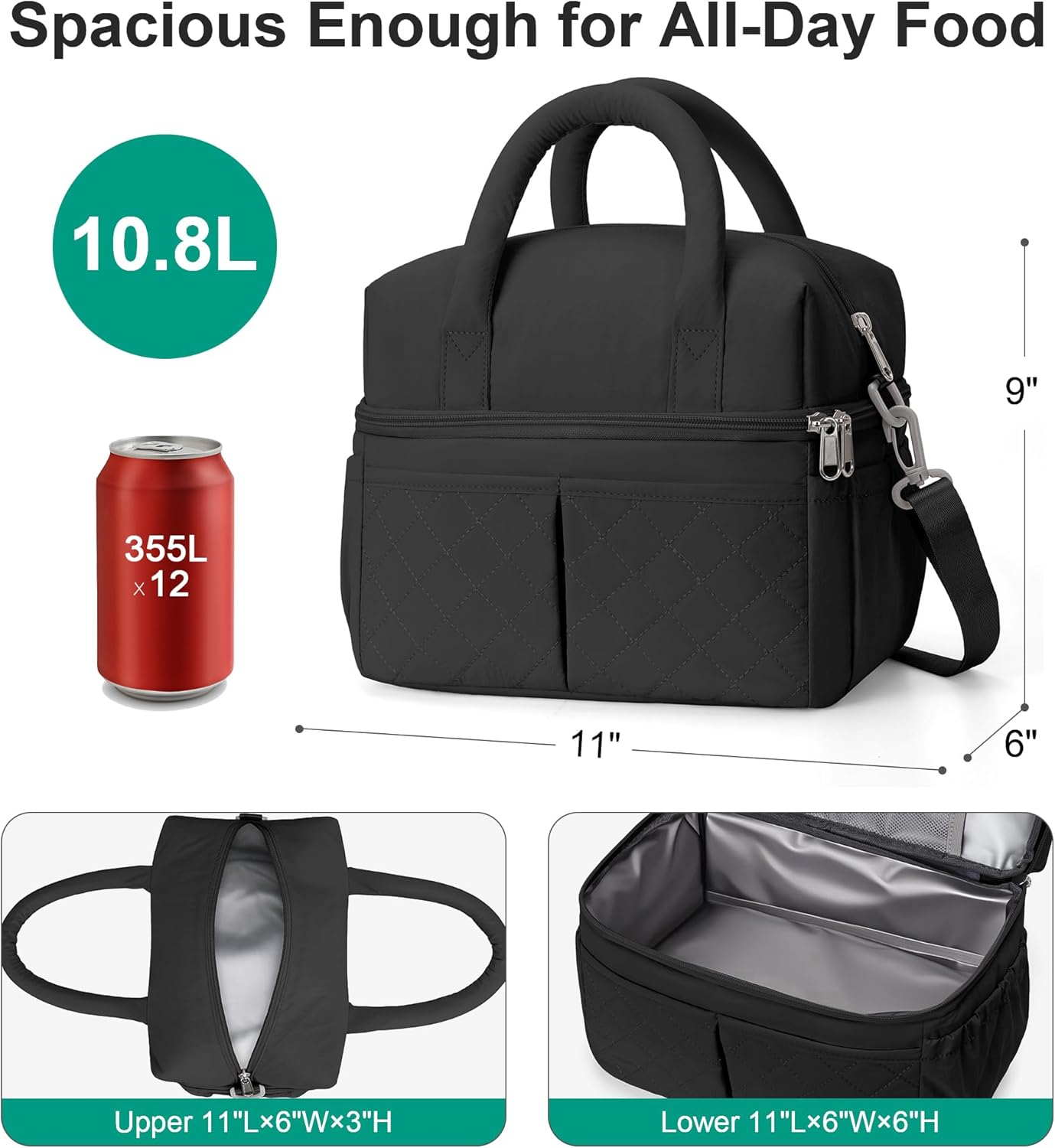 10L Medium Insulated Lunch Bag for Women, Double-Deck Lightweight Soft Puffy Lunch Box for Adults, One-Person Lunchbox for Work, School, Picnic, Black
