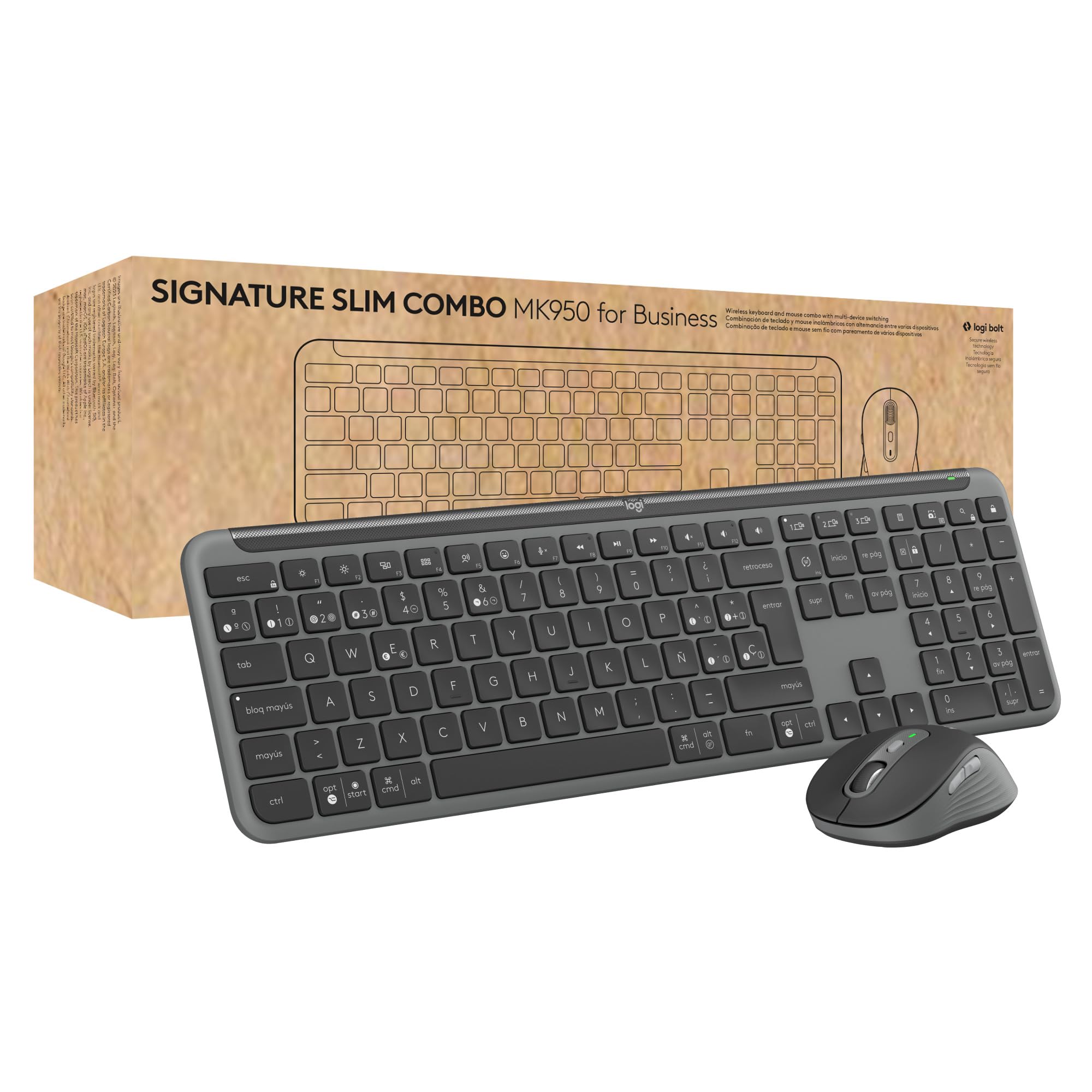 Logitech Signature Slim MK950 for Business | Combinación teclado y ratón inalámbricos, escritura discreta, receptor seguro, Windows/Mac/Chrome/Linux, QWERTY ESP - Grafito
