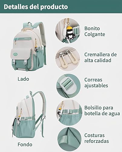 ooibnn Mochila Kawaii con bonitos accesorios, antiladrón, bonita bolsa de libro estética para adolescentes con colgante lindo, Verde (Mint Green),