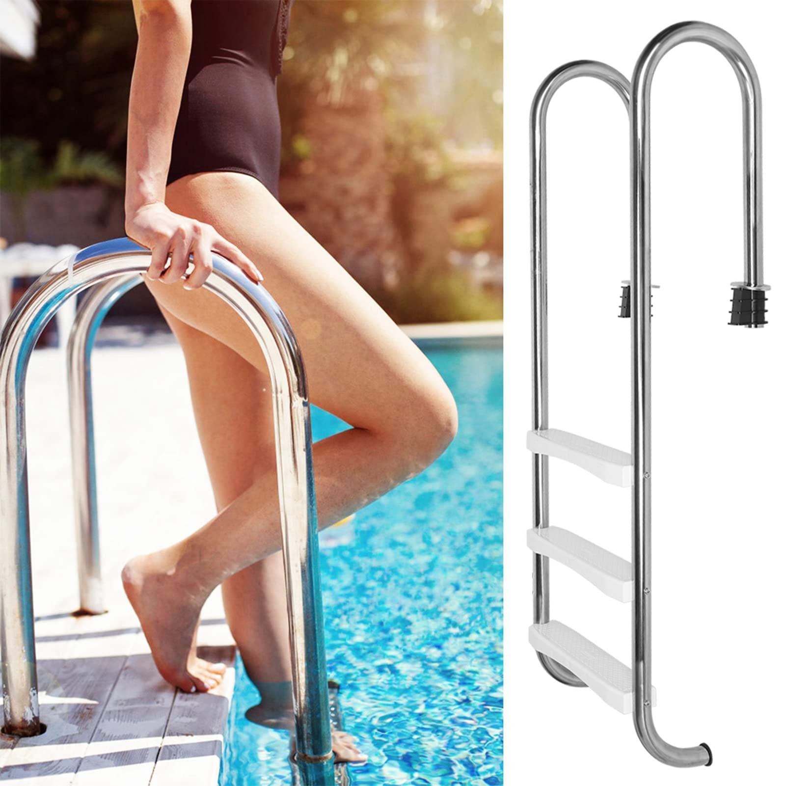 HEEPDD Scaletta per Piscina a 3 Gradini in Acciaio Inossidabile 304, Pedale Antiscivolo per Scale Altezza 150 Cm con Gradini in ABS per Vasca da Bagno Fuori Terra