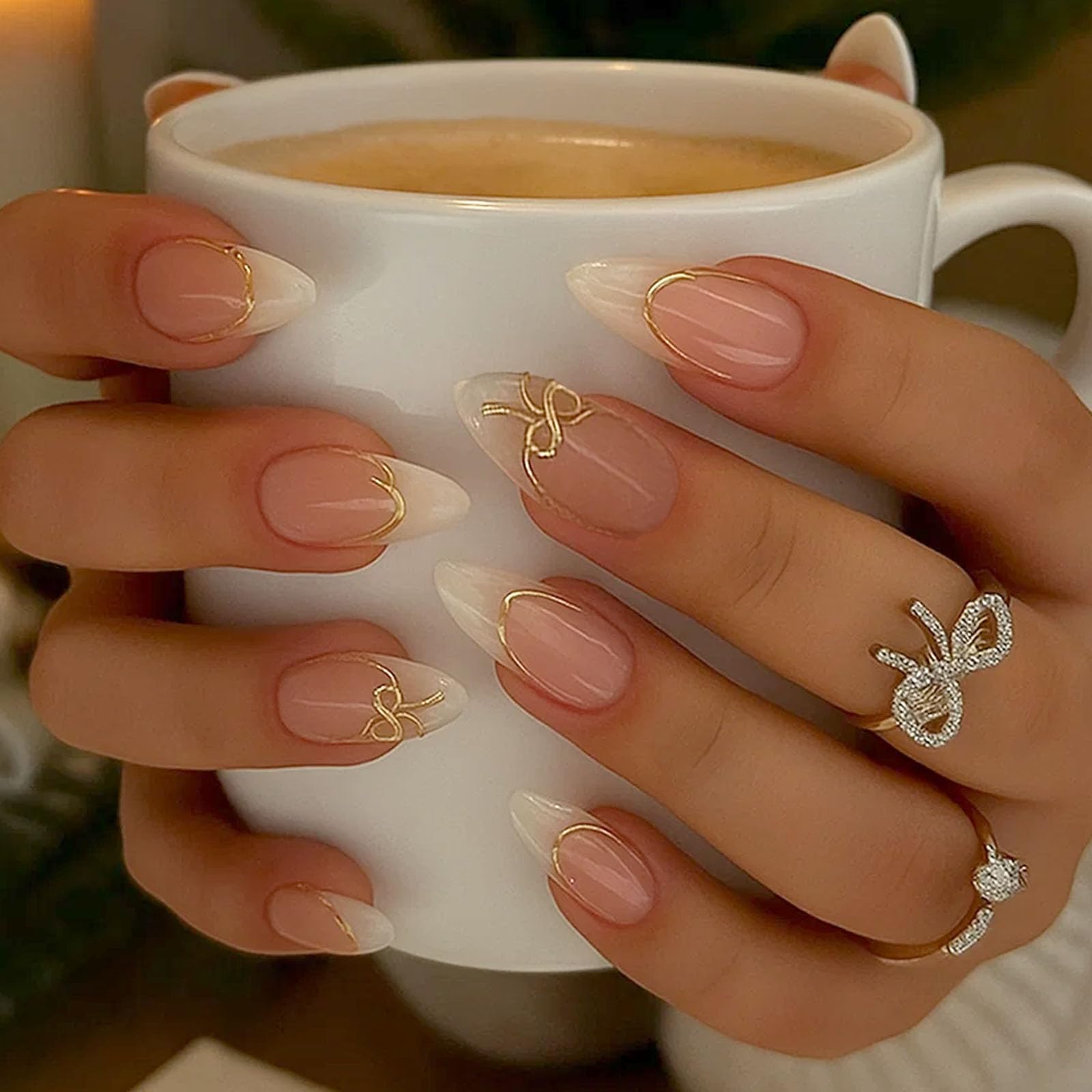 Almond Stiletto French Press-On Nails, Glossy Nude To White Gradient With Gold Bow & Line Detailing - Image 2