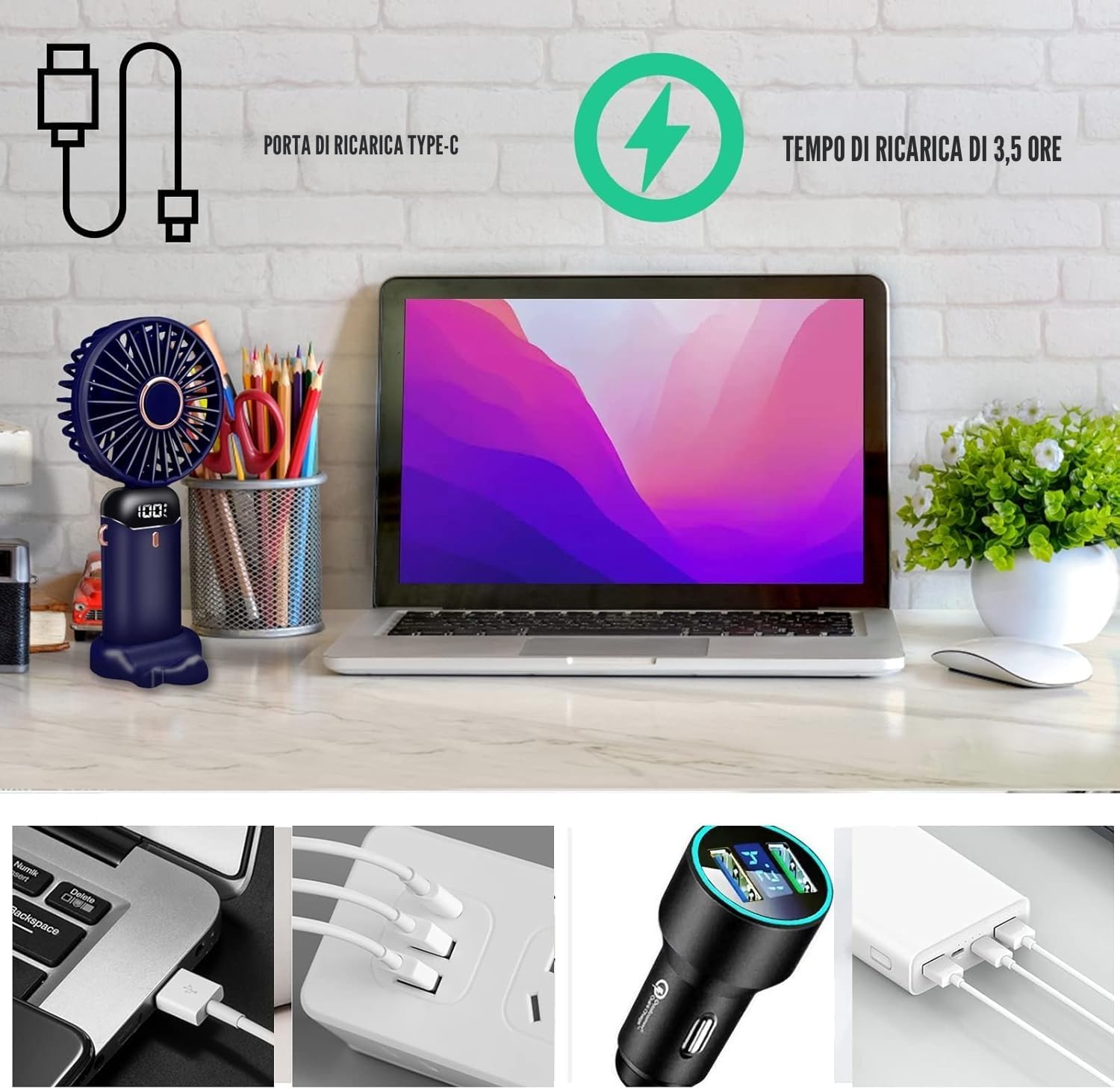 Jsdoin - Mini ventilatore portatile, ricaricabile tramite USB, 5 velocità, a batteria, pieghevole, da scrivania, con display LED, per casa, ufficio, camera da letto, viaggi e all’aperto (Blu Scuro)