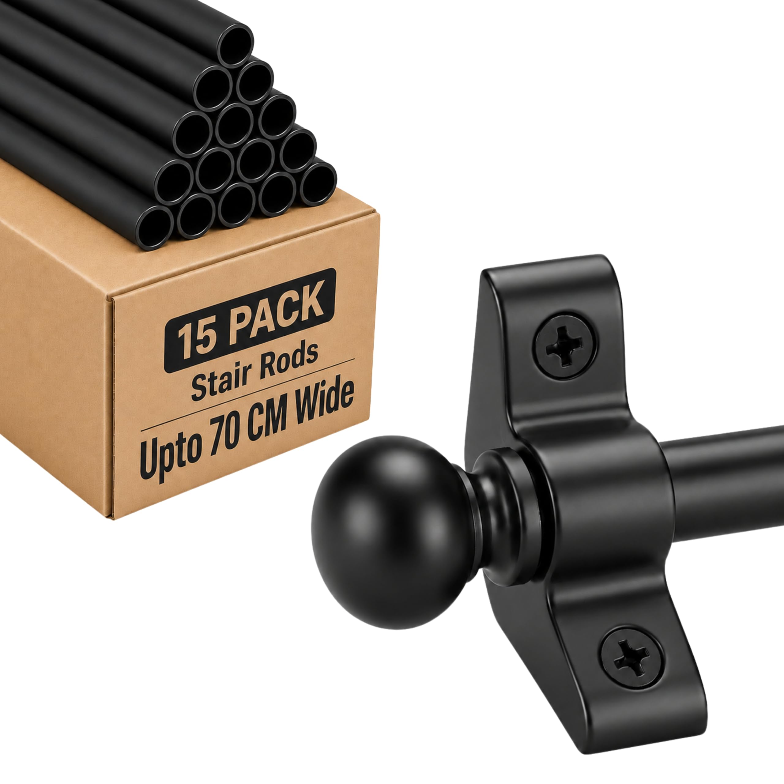 FROSHKAR Stair Rods for Runners Pack 15 - Black - for Runners Up to 70 cm Wide, Cut to Size, Decorative Black Carpet Stair Rods, Round Finials with Fixings