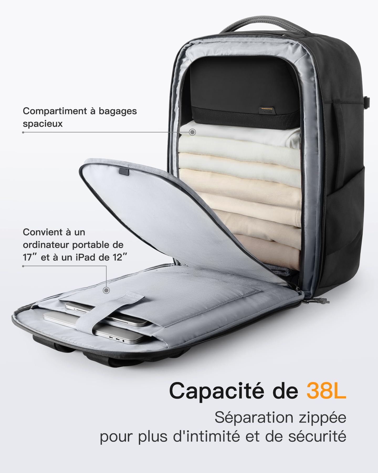 Inateck 38L Sac à dos de Voyage Femme&Homme TSA-friendly Bagages à main pour Ordinateur portable 17 pouces, avec compartiment à chaussures séparé pour Affaires et Randonnée, Noir