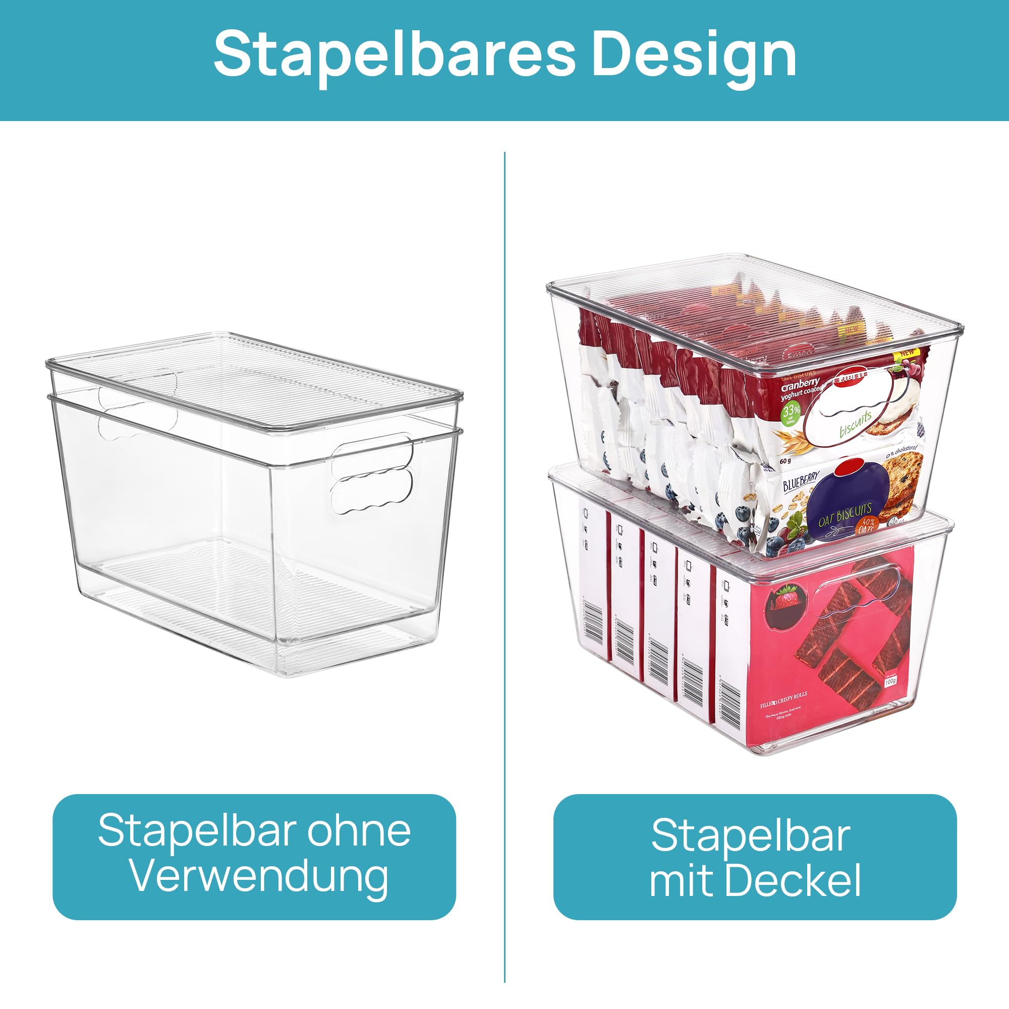 Vtopmart 6 Stück Aufbewahrungsboxen mit Deckel, stapelbare Kunststoffboxen zur küchen aufbewahrung & Organisation, perfekt für Bad, Schrank, Küche, Kühlschrank, Schrankorganisation（L）