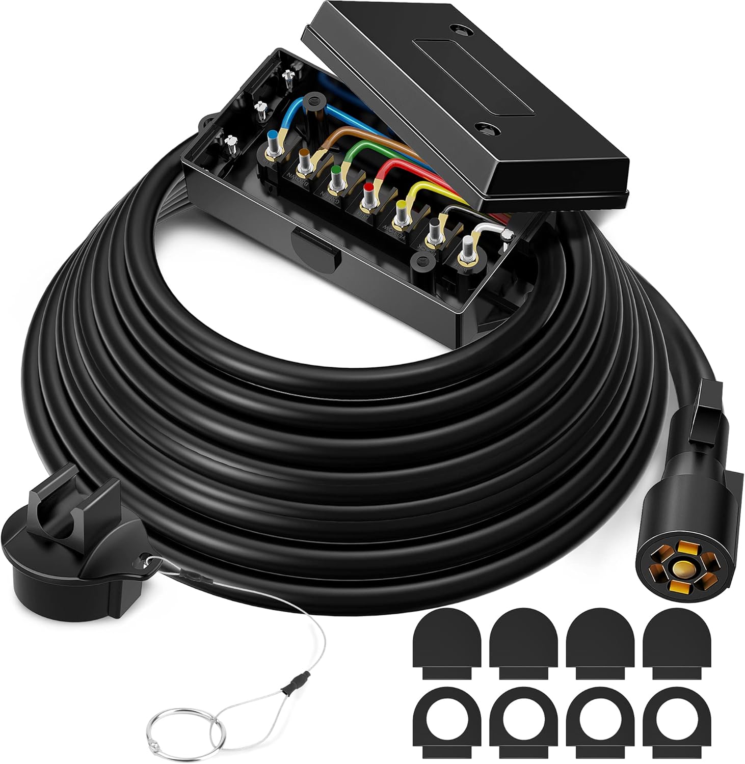 MICTUNING Heavy Duty 7 Way Plug Inline Trailer Cord with 7 Gang Junction Box 16 Feet, Weatherproof