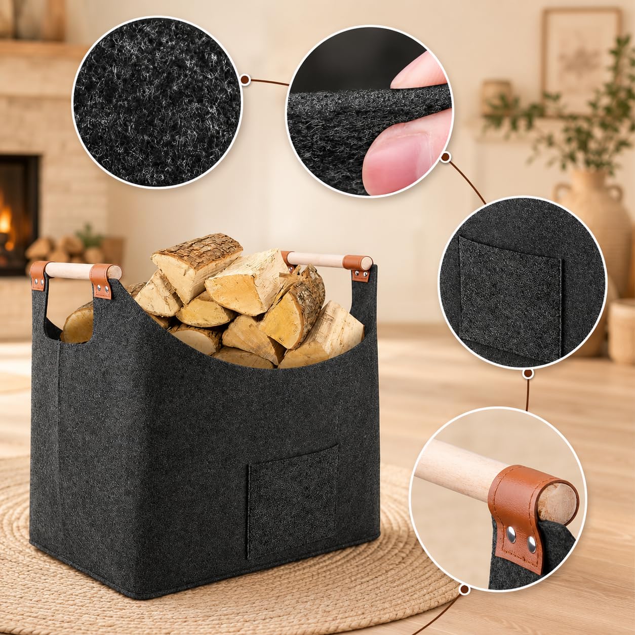 Cesta para Leña 2 Unidades, de fieltro Fieltro extra grueso y asa reforzada, plegable Bolsa, con bolsillo frontal, 67L & 96L, 50×32×40 cm 60×40×40 cm, Guardar Periódicos la Chimenea