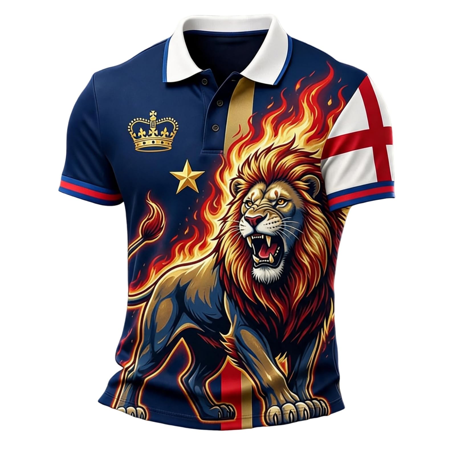 New England Football Shirt 2026 Mens Lion Print Short Sleeve Polo Shirt for Supporters of Football Casual National Flag Print Button Down Collar Top Outdoor Sports Shirts for Men Yellow S