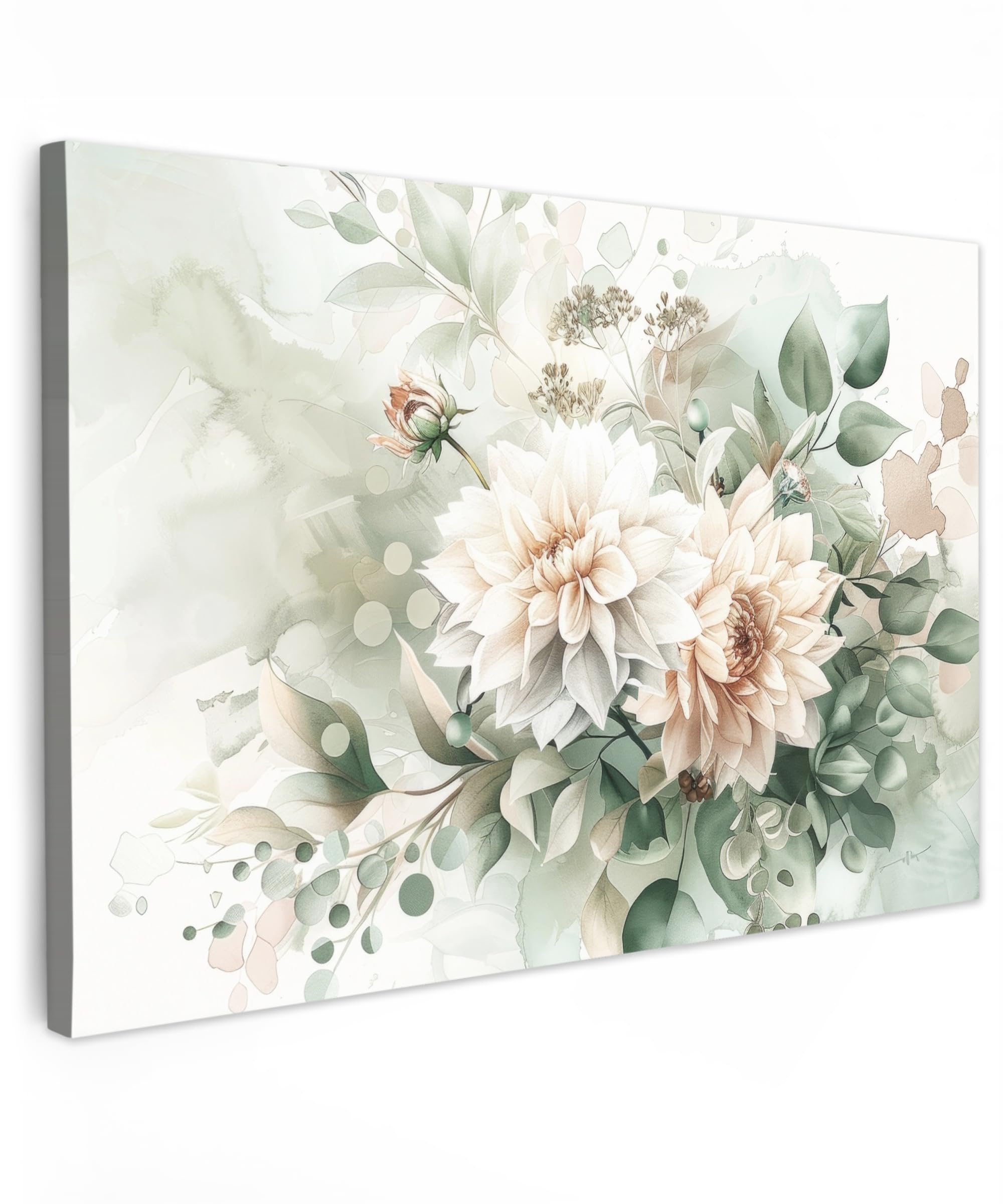MuchoWow© Bild auf Leinwand Klein 30x20 cm Mini Schlafzimmer Bilder Badezimmer Wand Deko Wohnzimmer Modern Wanddeko Bilderwand Geschenk Blumen - Weiß - Pflanzen - Dahlien