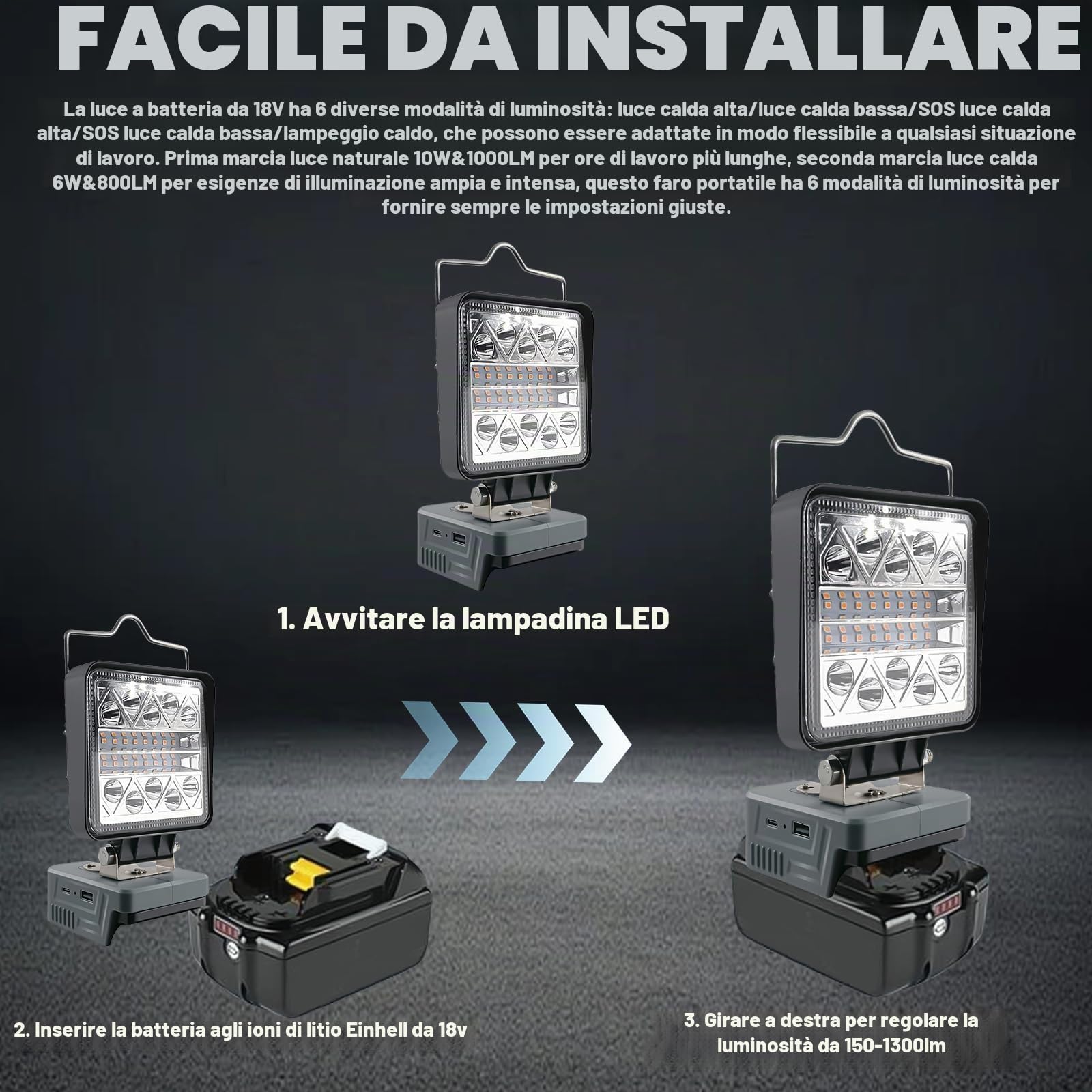 Lampada a batteria per Einhell da 18 V: Faretto portatile LED da lavoro con 6 modalità di luminosità, ingresso USB-C, 16 W, 1800 lm, senza batteria