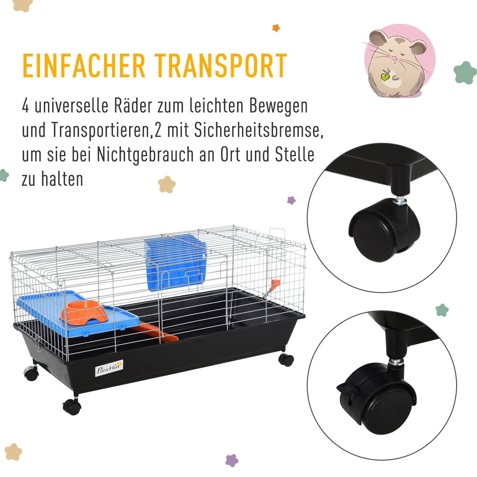 PawHut Kleintierkäfig, Rollbarer Nagerkäfig, Starter-Set mit allem Zubehör, Stahl+PP+Nylon, Schwarz, 89x44x43 cm