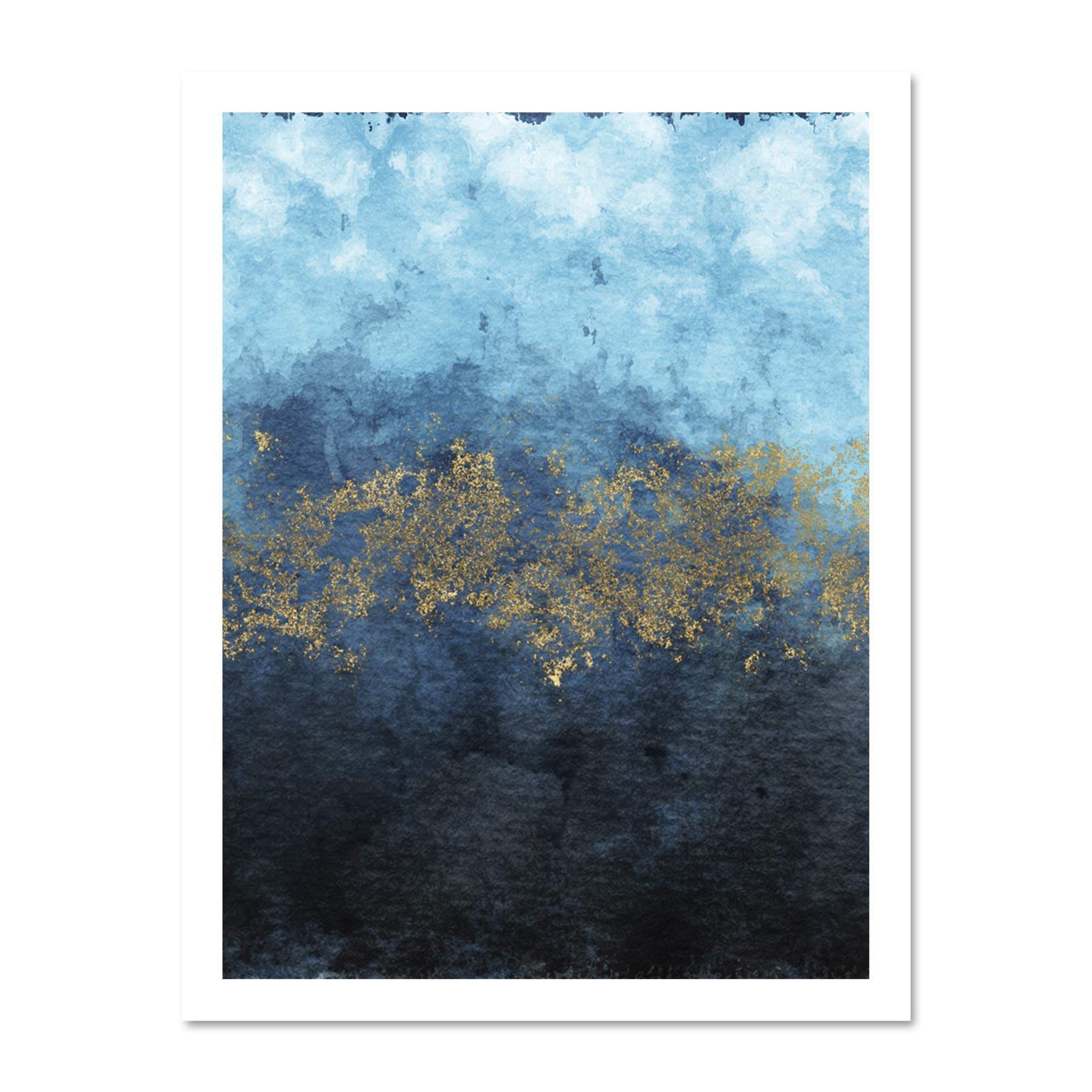 Wee Blue Coo Abstract Blue And Gold Watercolour Large Framed Art Print Wall Poster 18x24 inch