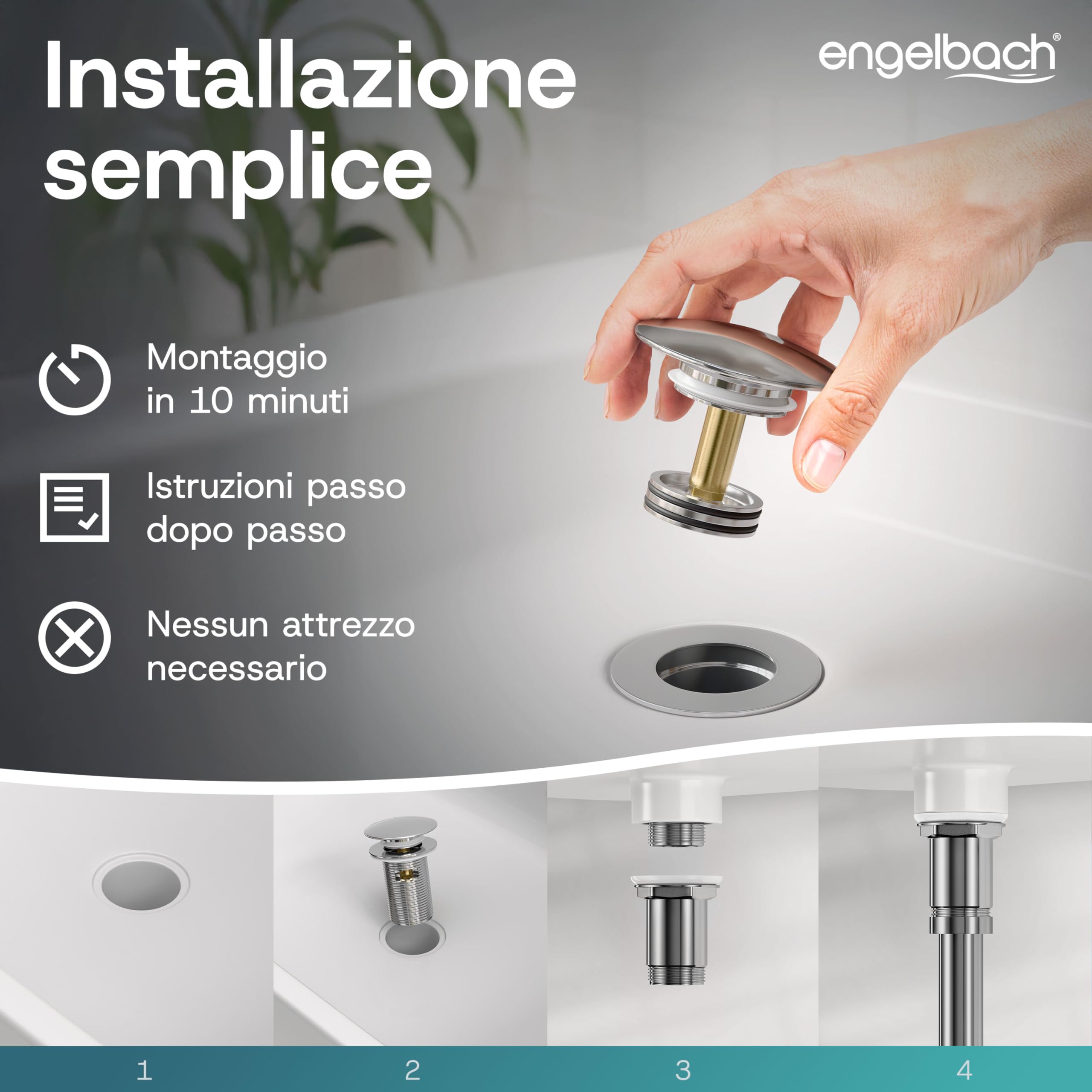Engelbach® Piletta lavabo con troppopieno – Scarico Click Clack con 3 guarnizioni – Valvola di scarico universale per lavabi da bagno