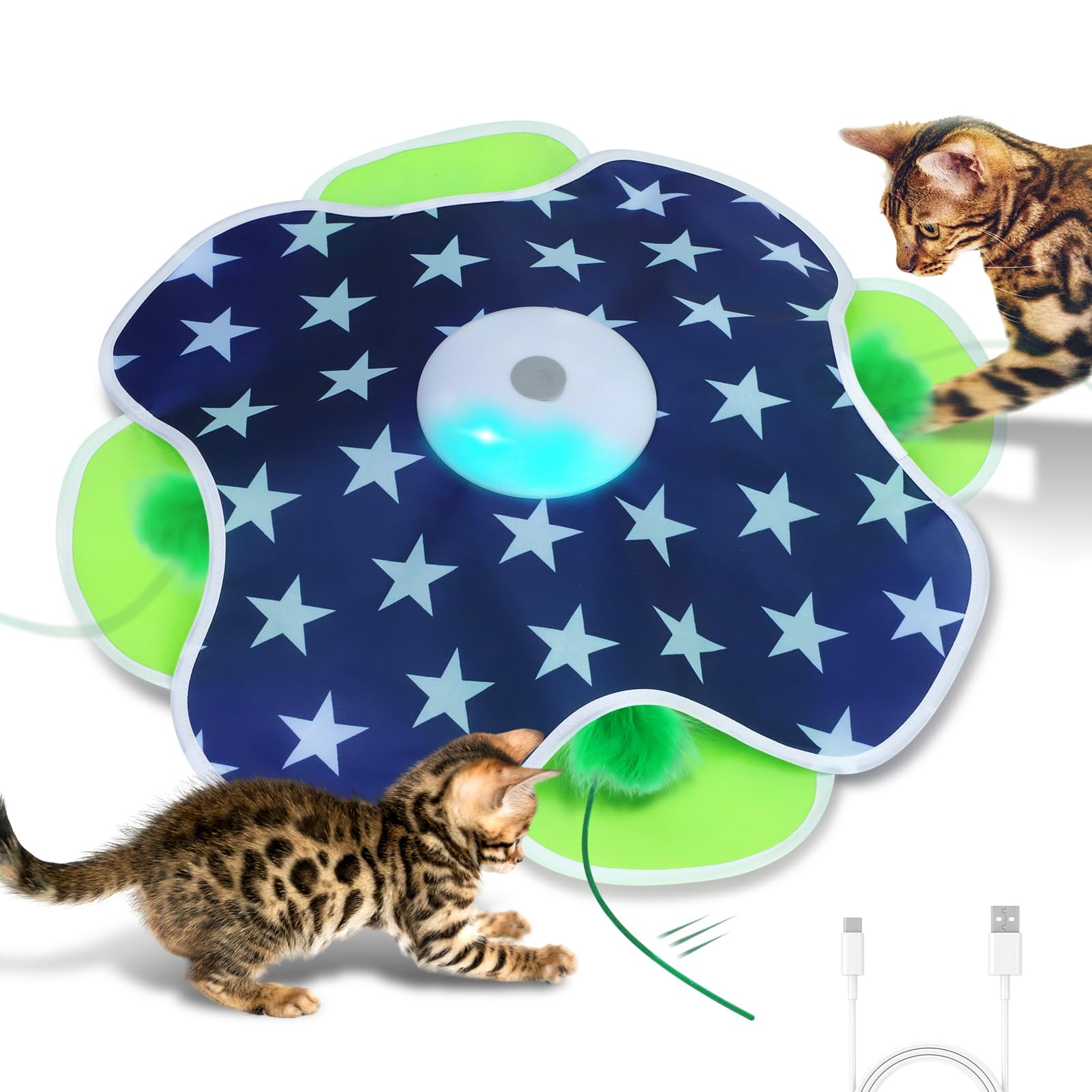 Saolife Interactive Cat Toys with Moving Feather Concealed in Mat, Motion Activated, Mouse Squeaky, Rechargeable Cat Exercise Toys for Bored Cats