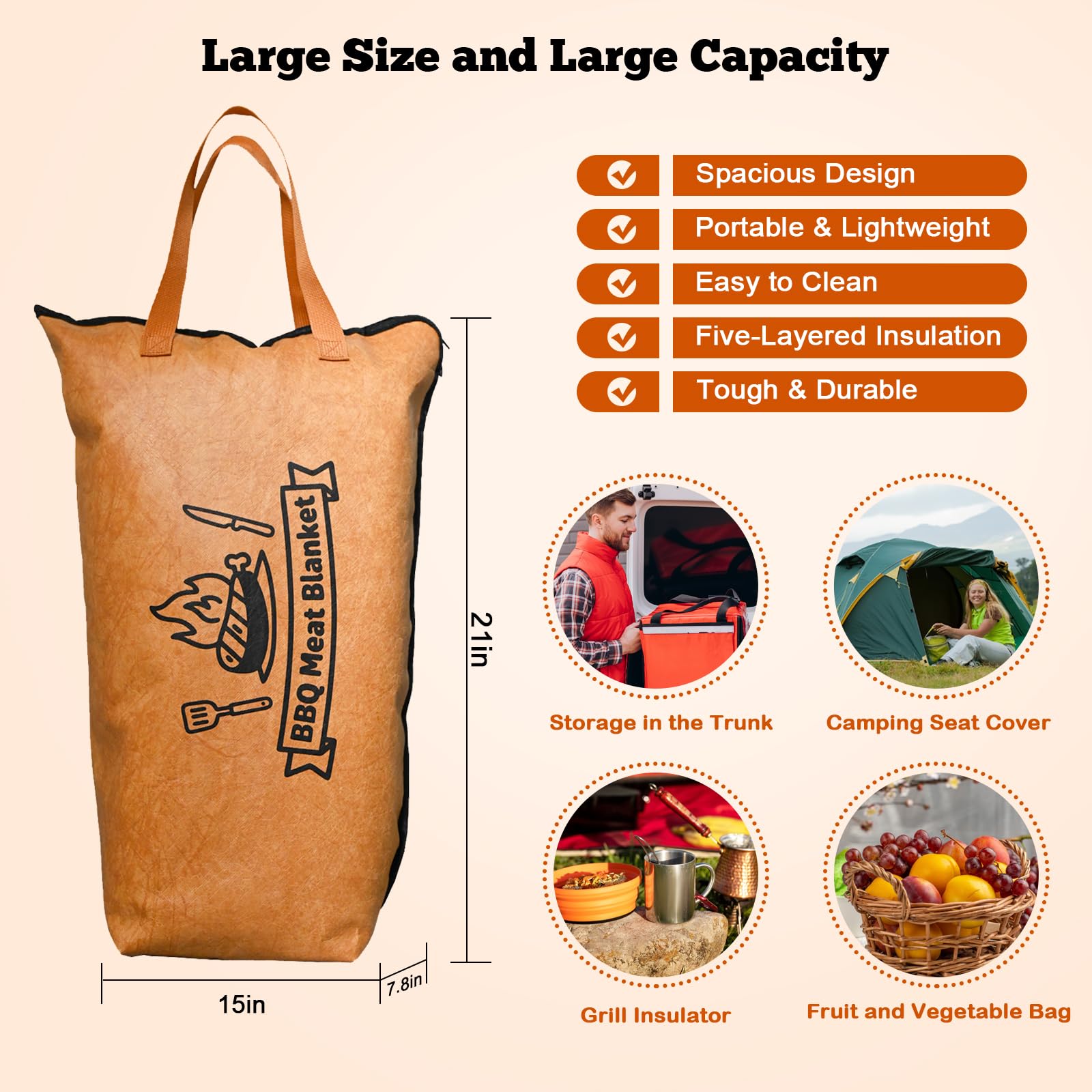 Manta de barbacoa para descansar carne, bolsa reutilizable para ahumador, bolsa de descanso aislada con boca ancha, accesorios de barbacoa para pechuga grande, carne de res, pavo, cerdo (21 pulgadas) 2
