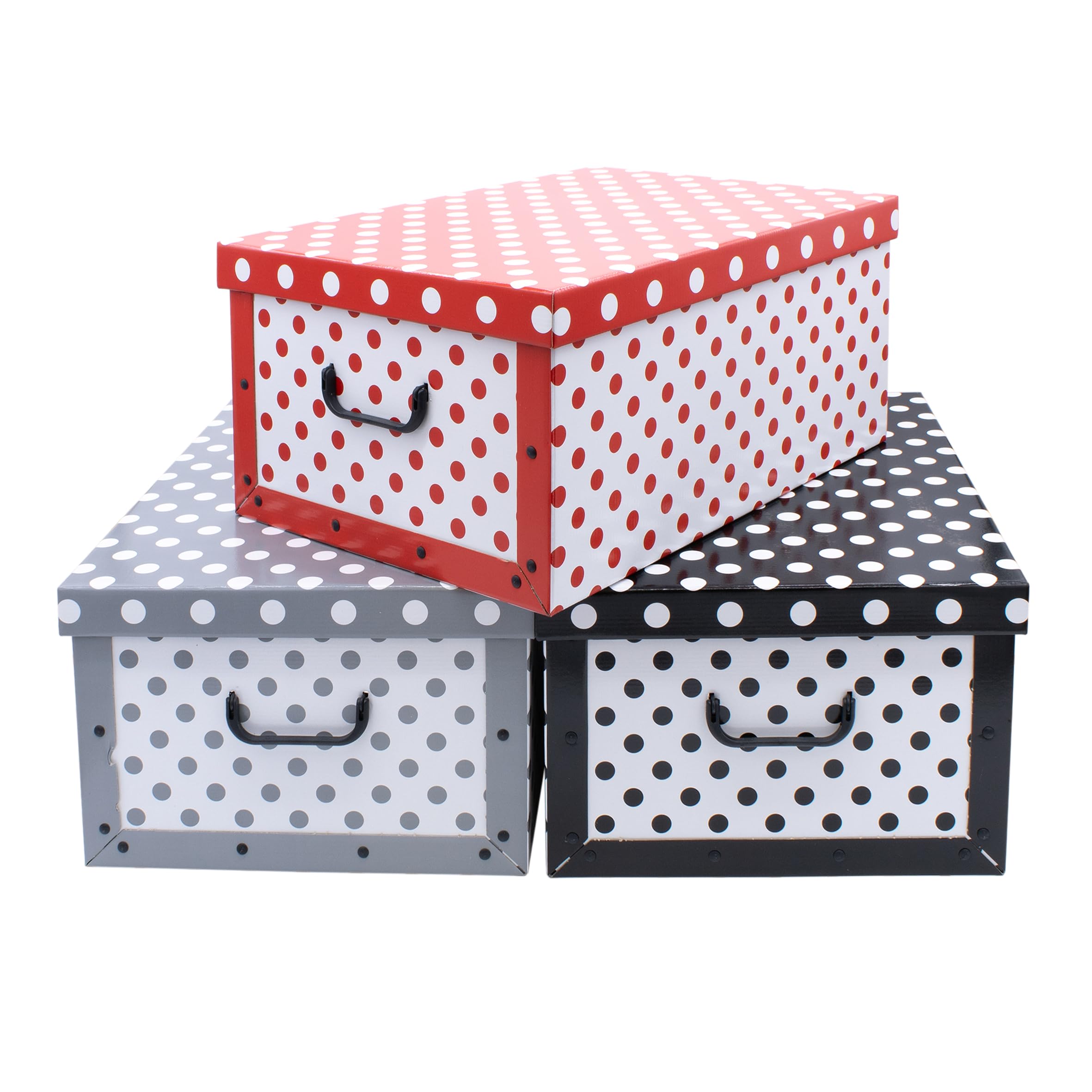 Juego de 3 Cajas de Almacenamiento Con Tapa, 51 x 37 cm, Diseño de Lunares - Apilables de Cartón Con Asas, 45 Litros - Organizadoras Multiusos y de Regalo