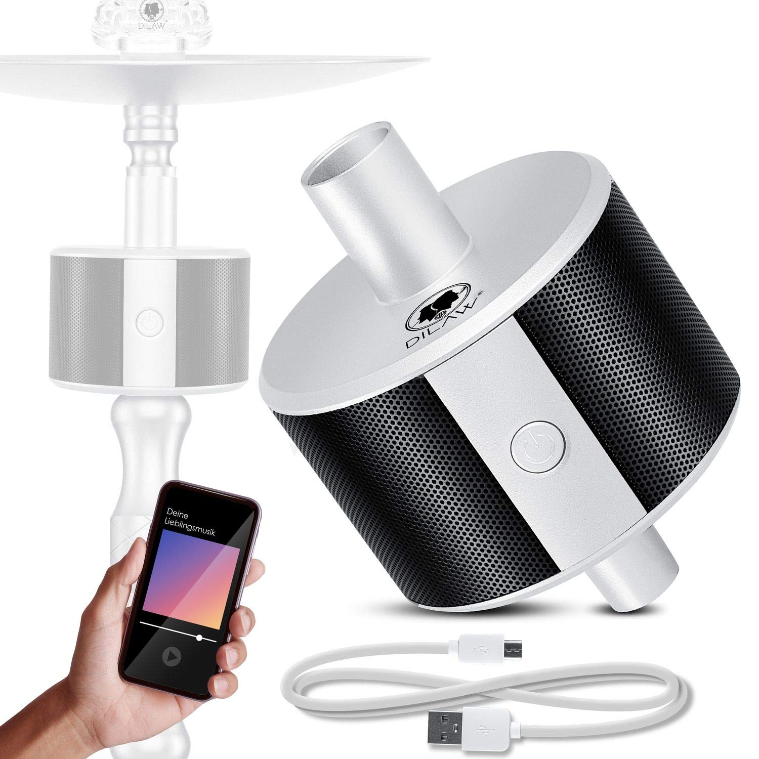 DILAW® Shisha ECO Bluetooth Speaker Hookah SoundBar Mini Bluetooth Lautsprecher, 80dB Kabellose Tragbare Wasserpfeife Musikbox mit 24 Farbige LED 10m Bluetooth Reichweite 350 mAh, Weiß