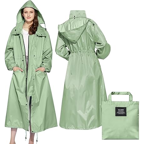 Women's Long Raincoats Rain Jacket Waterproof Packable Hooded Windbreaker Lightweight Adjustable Waist for Outdoor