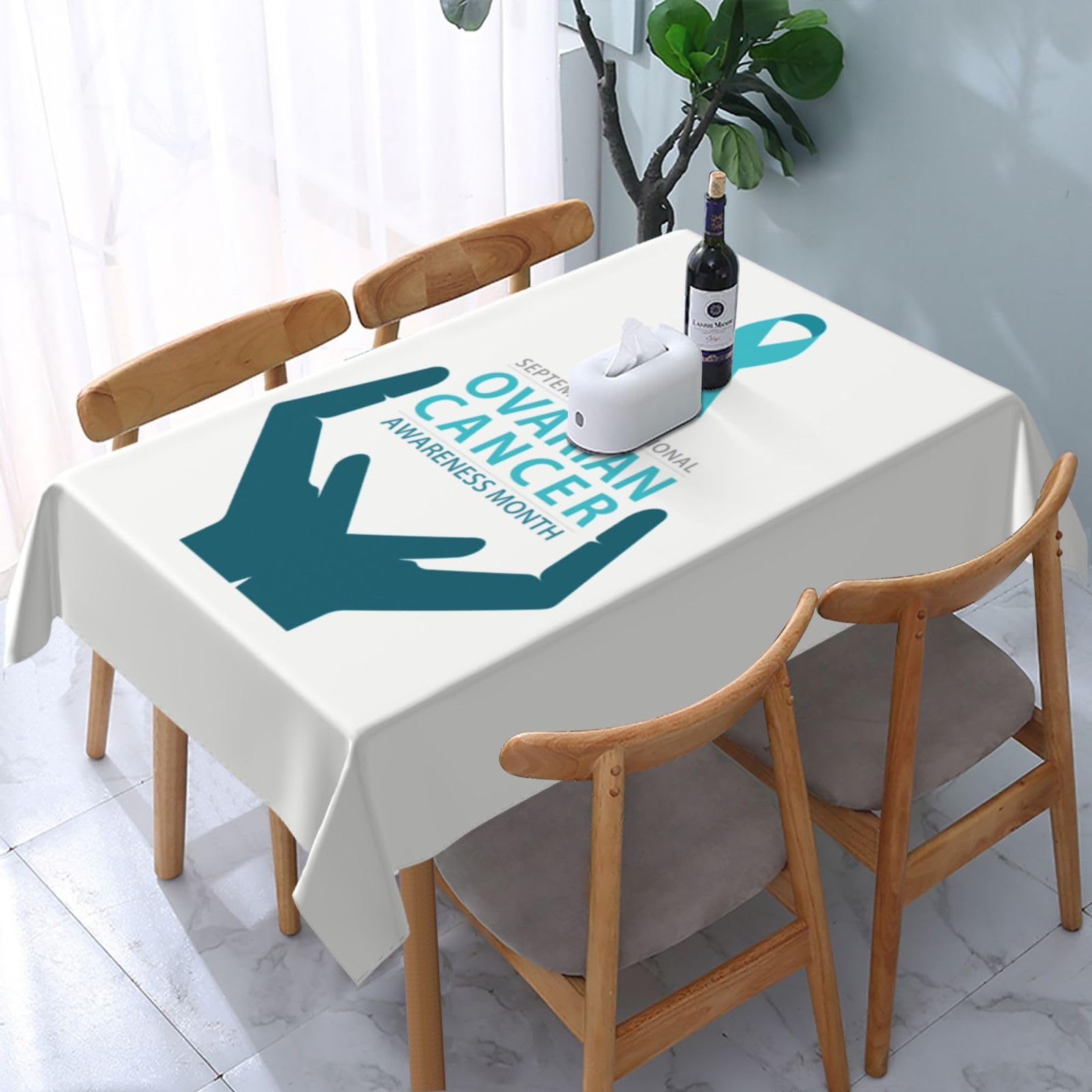 JunHeArt Ovarian Cancer Awareness Month In September We Wear Teal Tablecloth Rectangle Table Cover Washable Table Cloths Decor For Kitchen 54" X 72"