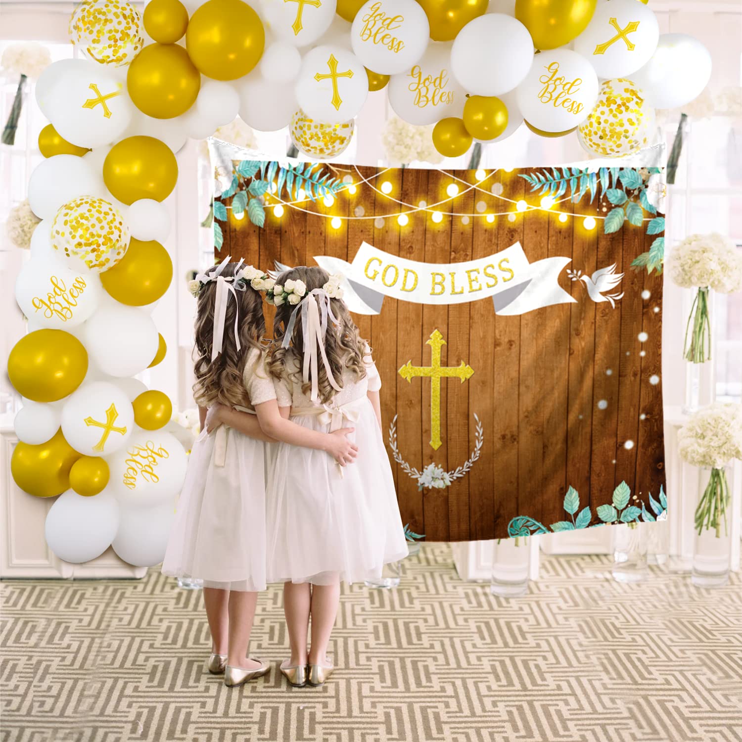 First Communion Decorations For Boys - White & Gold Balloon Garland Kit With Blue God Bless Backdrop