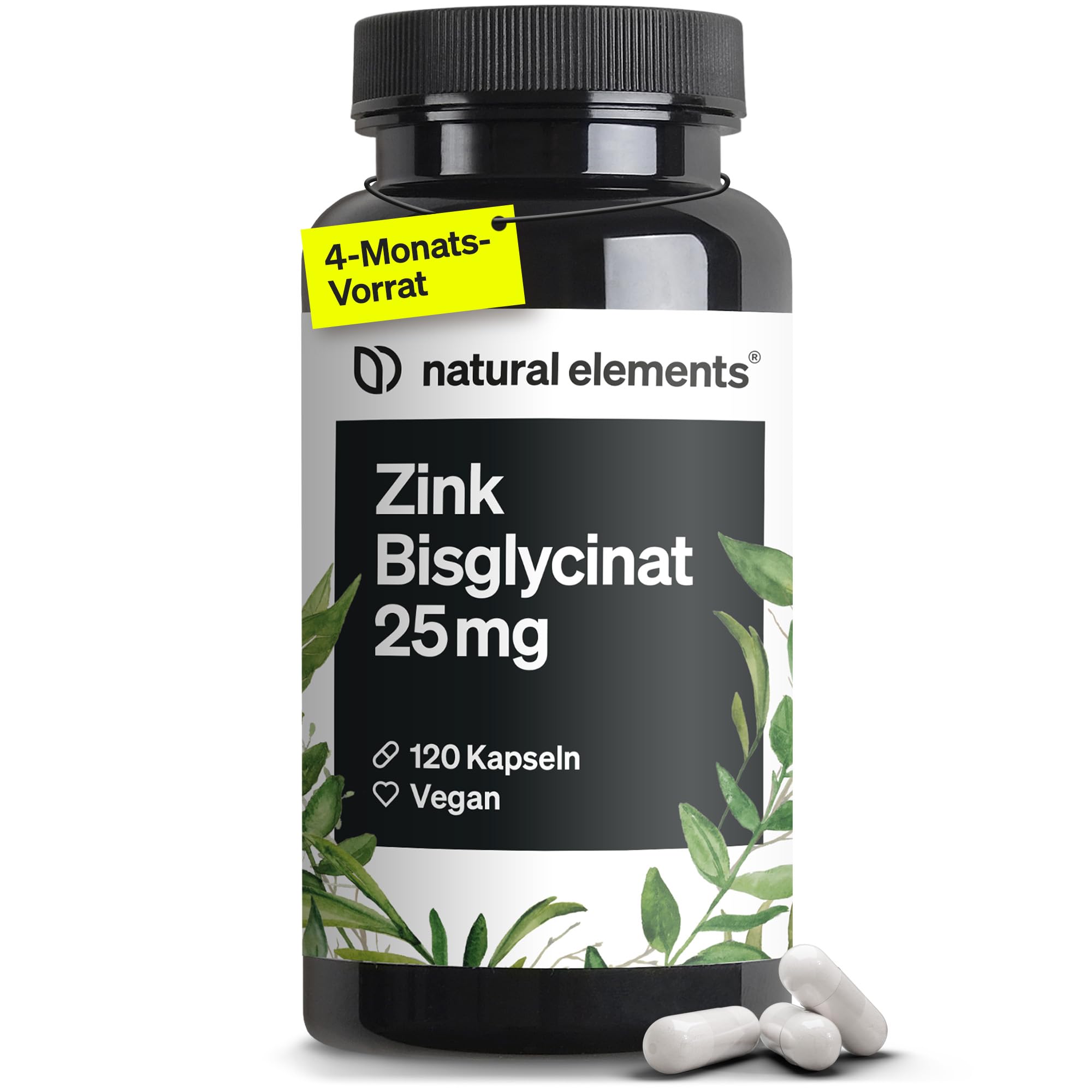 natural elements Zink Kapseln - 120 Stück - 25mg pro Kapsel - gut verträgliches Zinkbisglycinat (Zink-Chelat) – Alternative zu Tabletten - vegan, hochdosiert, ohne unnötige Zusätze