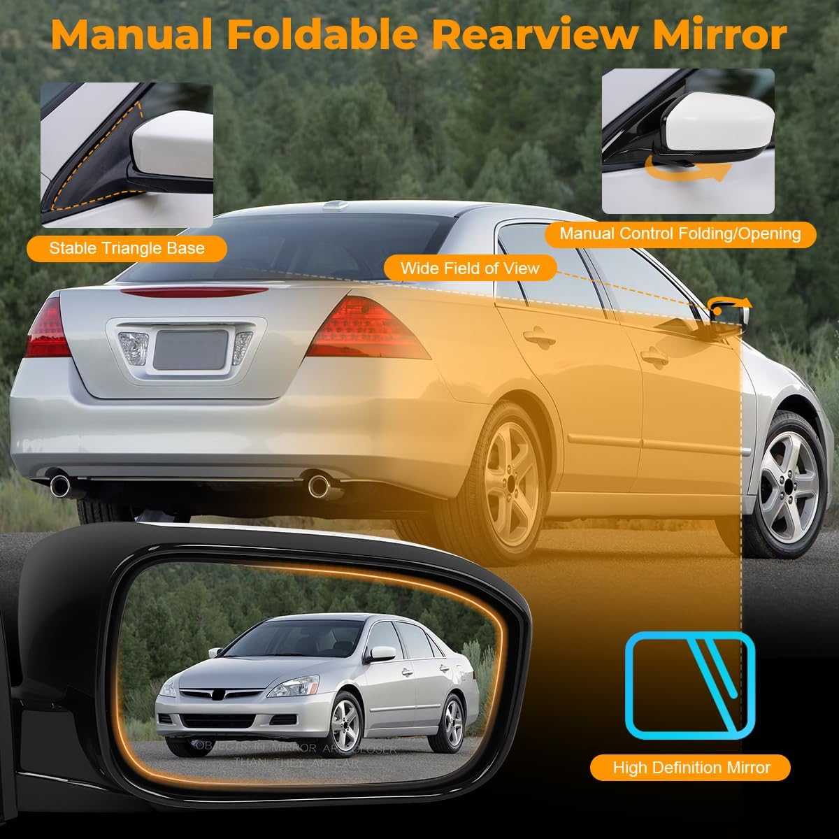 Left Driver Side Mirror compatible with Honda Accord LX EX 2003 2004 2005 2006 2007,Rear View Mirror w/Power Glass|Non-Heated|Manual Folding Replace HO1320152,76250-SDA-A13ZA(White,Left Diver Side)