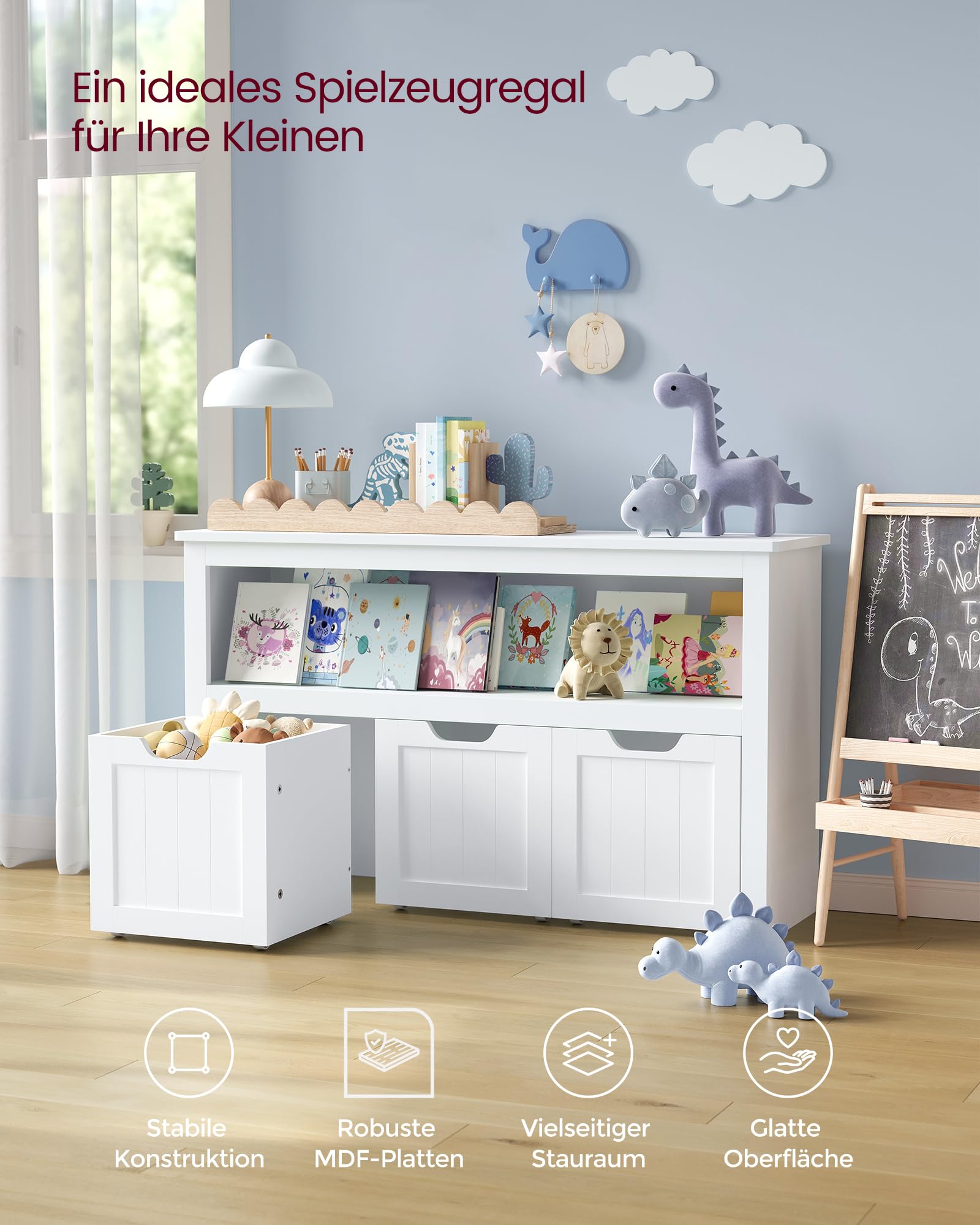 VASAGLE Kinderregal, Spielzeugaufbewahrung für Kinder, Aufbewahrungsschrank, Spielzeugschrank, Aufbewahrungsbox mit Rollen, Spielzeugregal, für Kinderzimmer, 102 x 30 x 60 cm, weiß LHS380W01