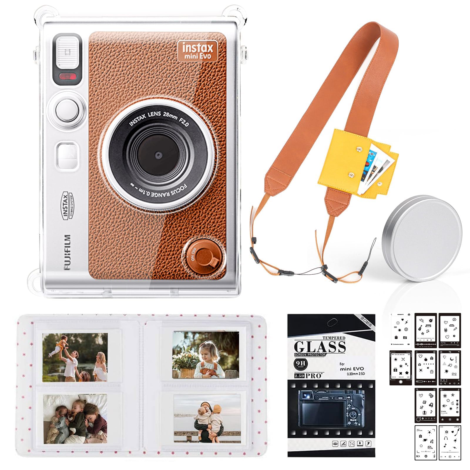 Sponsored Ad – Accessories Kit for Fujifilm Instax Mini EVO Instant Camera - Clear Case, Lens Cap, Adjustable Strap, Mini Photo Album, Screen Protector, DIY Sticker, Brown (No Camera)