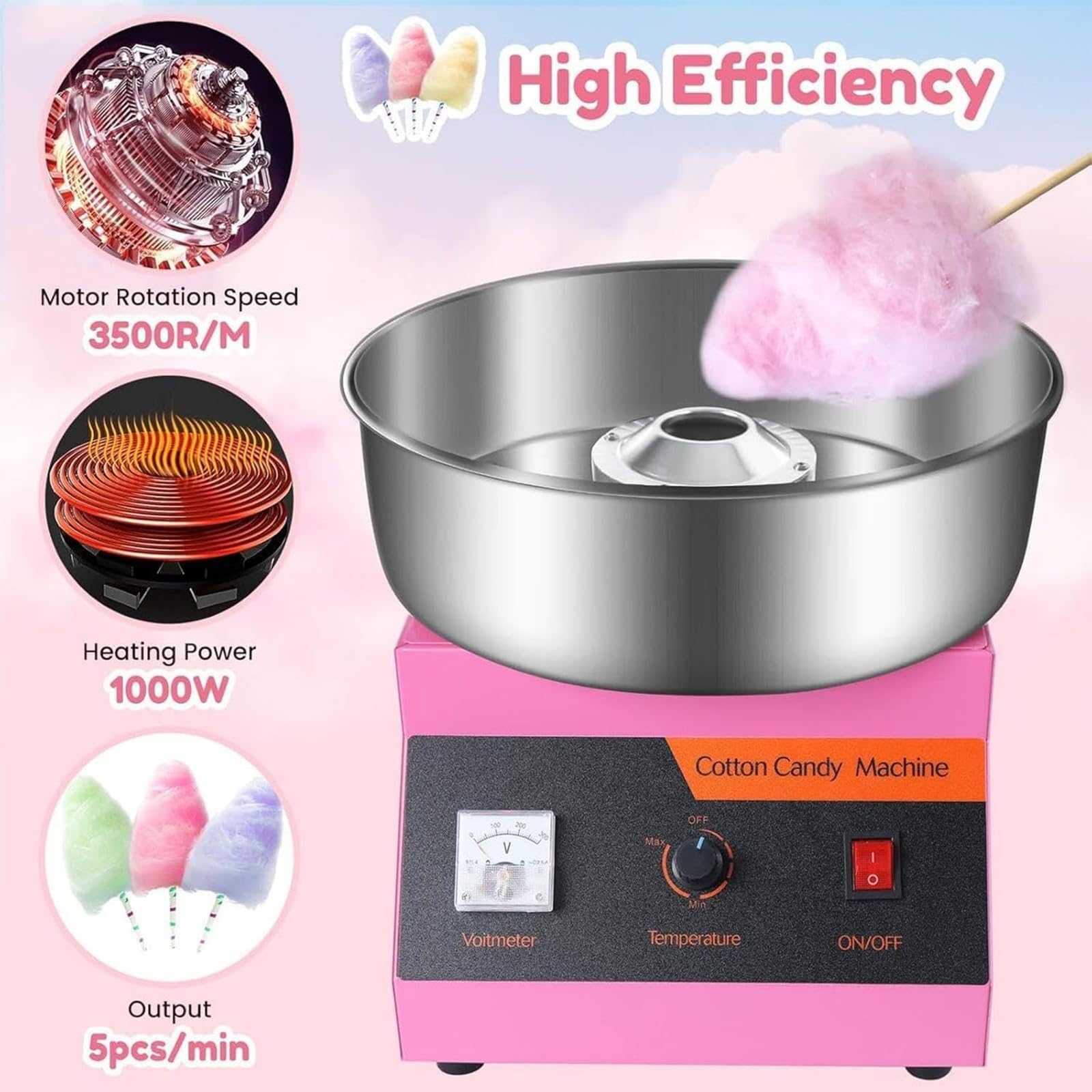 Máquina Comercial para Hacer algodón de azúcar, 1000 W, eléctrica, con Cuchara de Acero Inoxidable, Temperatura Ajustable de 50-300 °C y Pantalla de Voltaje, Ideal para cumpleaños