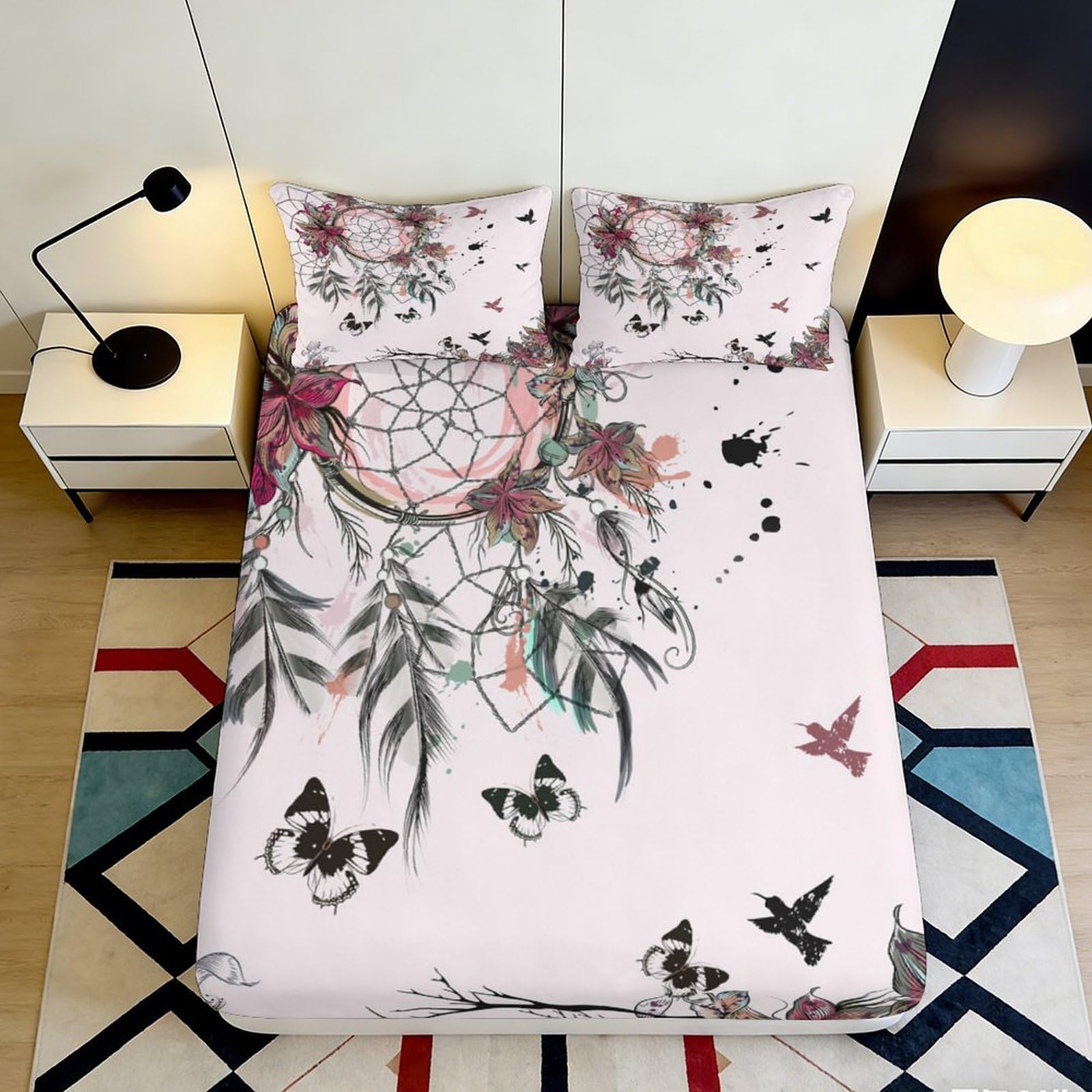3D Printed Dreamcatcher Feather Fitted Sheet Microfiber Deep Pocket Bedroom Bedding Non-Slip Dreamcatcher Mattress Fitted Cover for Adults Teens 120x200x25cm