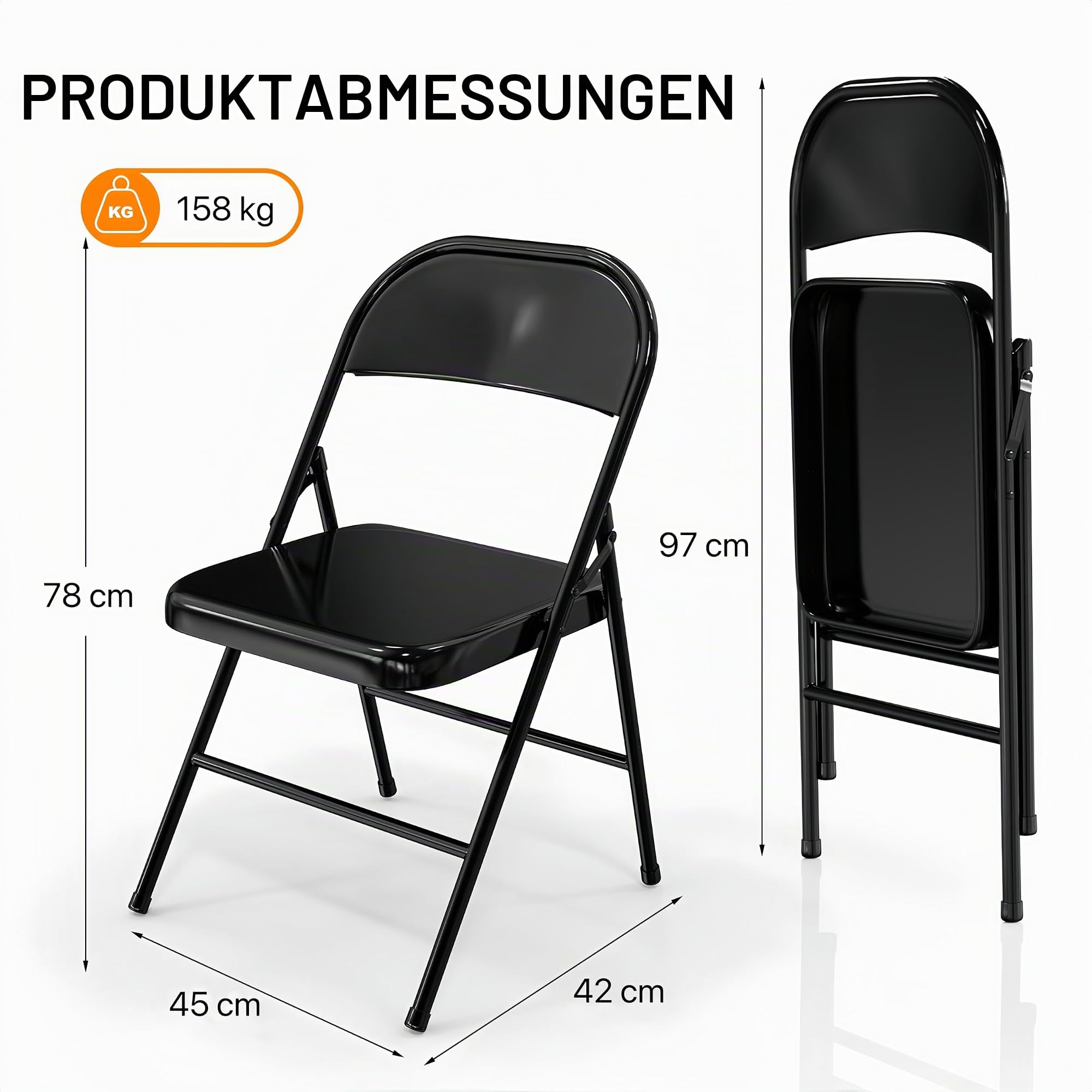 Bonnlo Klappstühle 4er Set, Gartenstühle Wetterbeständig aus Eisen, Platzsparend Stapelbar, bis 158 kg, Klappstuhl Metall für Balkon, Büro, Veranstaltungen & Party, Schwarz