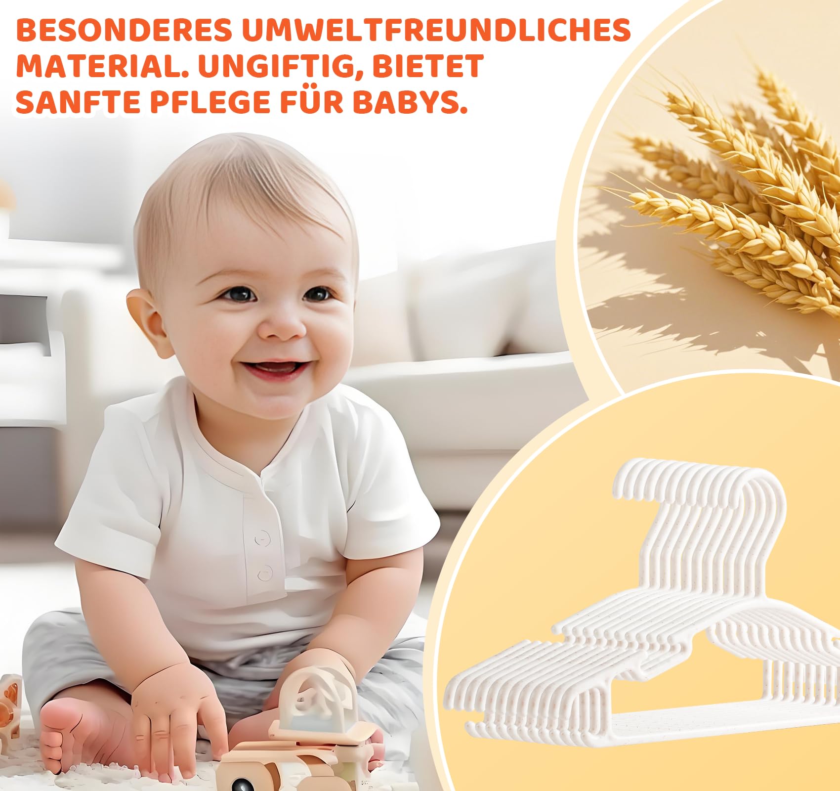 54 Perchas Bebé Ecológicas de Paja de Trigo | Ultra Delgadas 0.5cm para Ahorro de Espacio | Antideslizantes con Ranuras | Soporta 5kg | Tamaño Armario Infantil (Blanco)