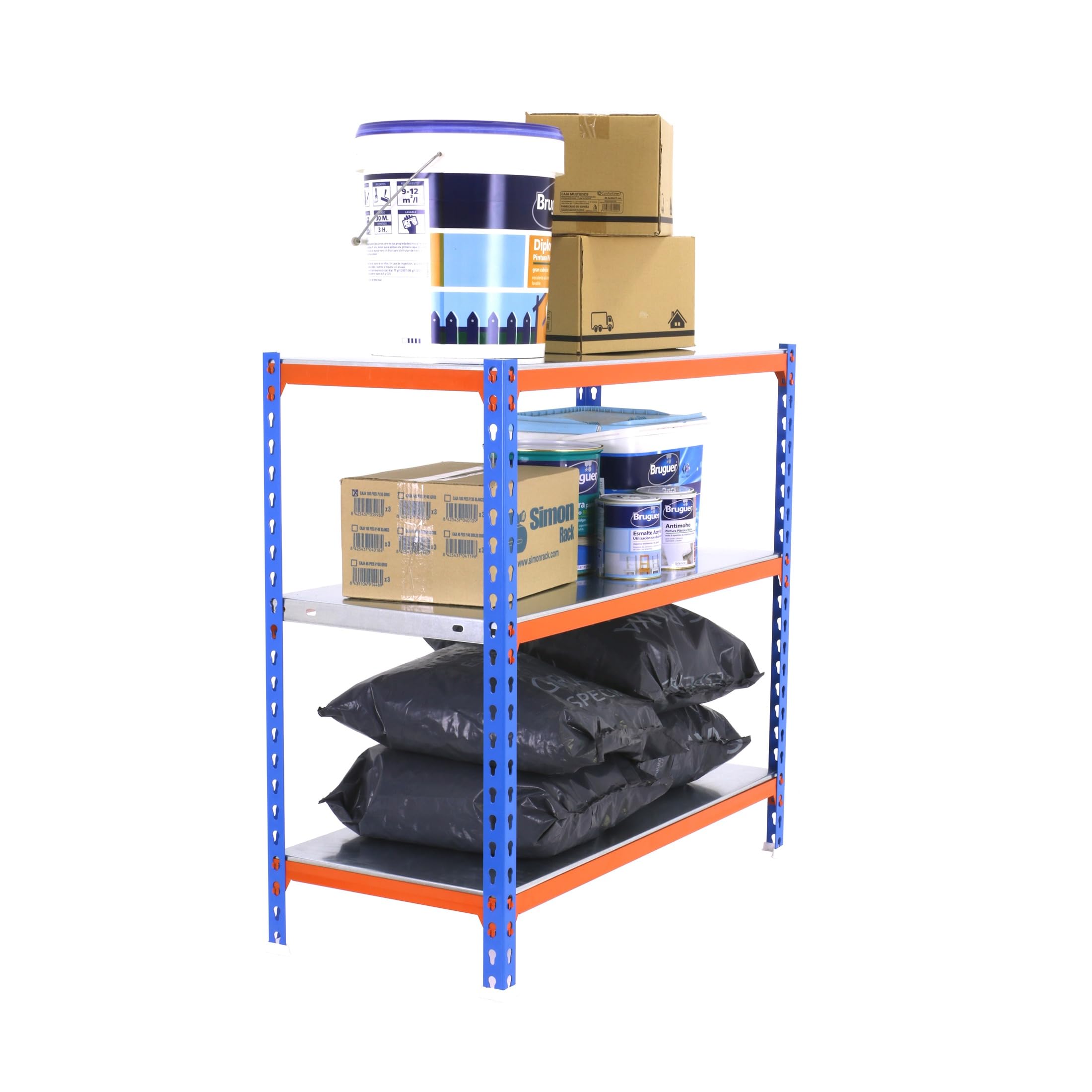 Simon Rack Scaffalatura Metallo Garage, 3 Ripiani, 180 kg di Punto di Flessione, 900x900x400 mm, Scaffalatura Garage, Senza Viti, Blu/Arancione/Galva - Simonclick