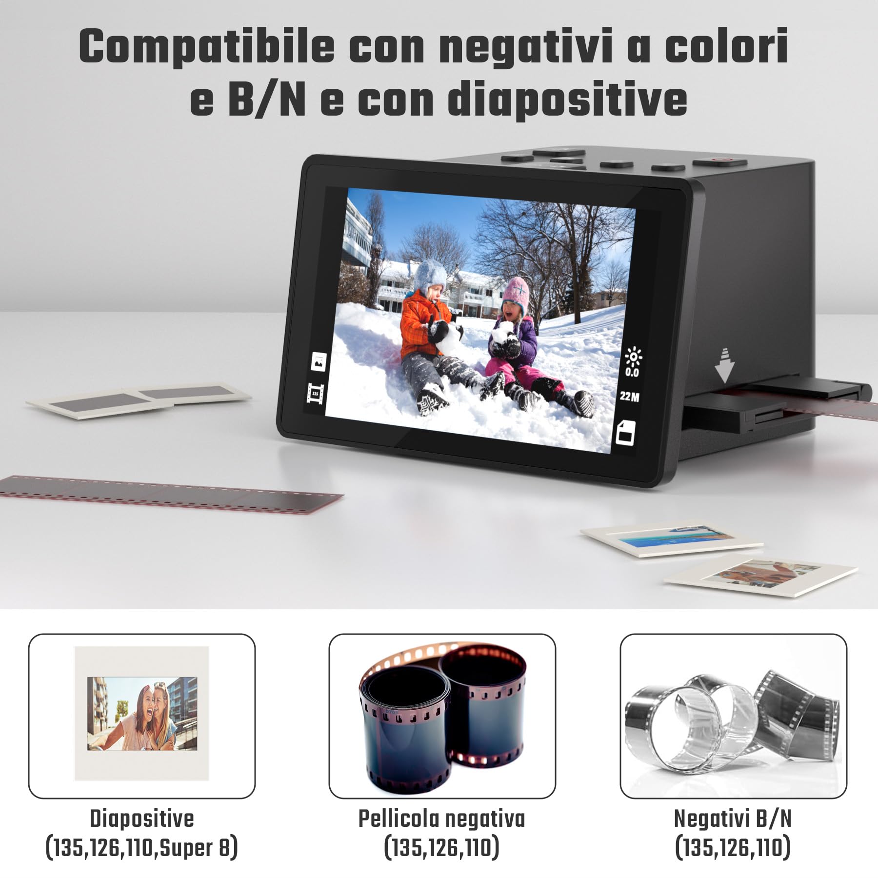 Scanner digitale per film e diapositive con ampio display LCD da 5 pollici, scanner negativo e diapositive per digitalizzare, converte 135, 126 KPK, 110 film negativi e Super 8 in JPEG da 22 MP.