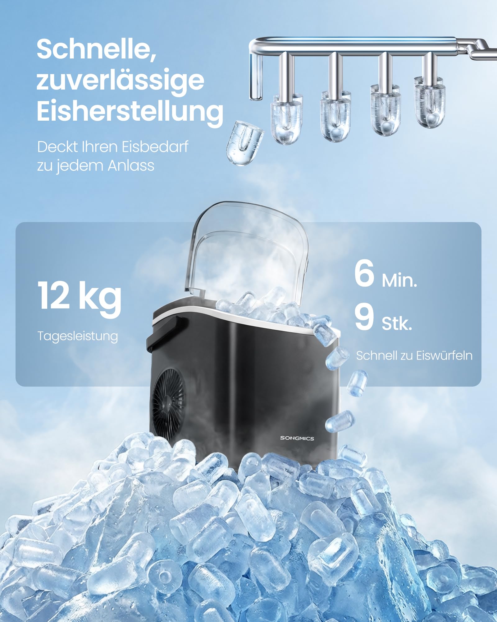 SONGMICS Eiswürfelmaschine, Eiswürfelbereiter, Eismaschine mit Selbstreinigung, in 6 Minuten 9 Würfel in 2 Größen, 12 kg in 24 Stunden, tragbar, Küche, WG, Party, Camping, tintenschwarz XZB001B1EU