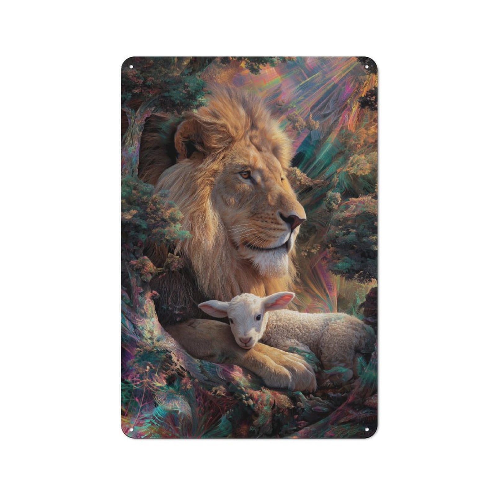 Lion And Lamb Harmony Character Metal Wall Decor 30x20cm, Vintage Metal Sign for Home, Shop, Pub Or Studio Wall