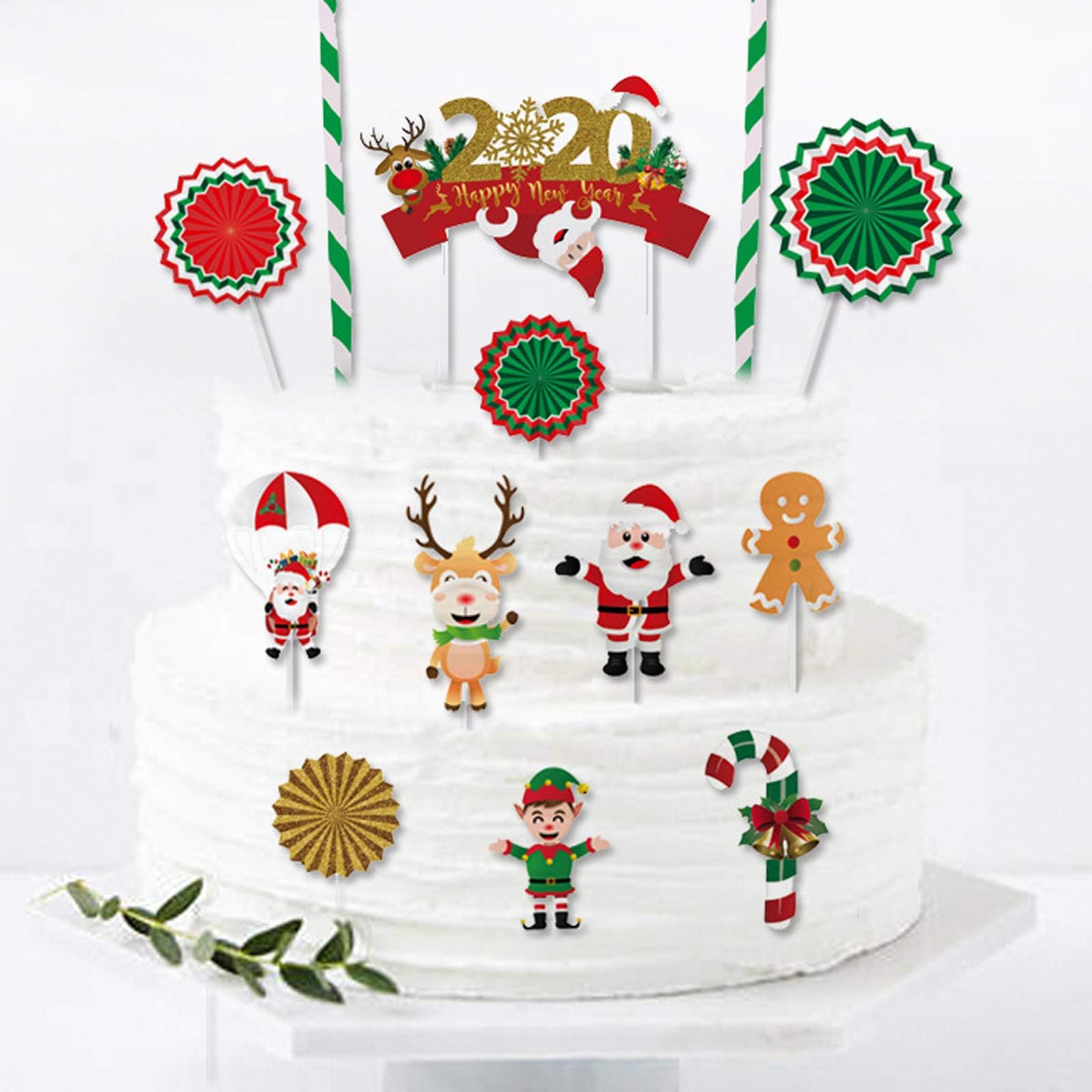 Palksky Set of 7 Christmas Cake Topper/Happy New Year 2020 Cake Decoration Santa Claus Elk Cane Clown Gingerbread Man Cupcake Topper for Xmas Party