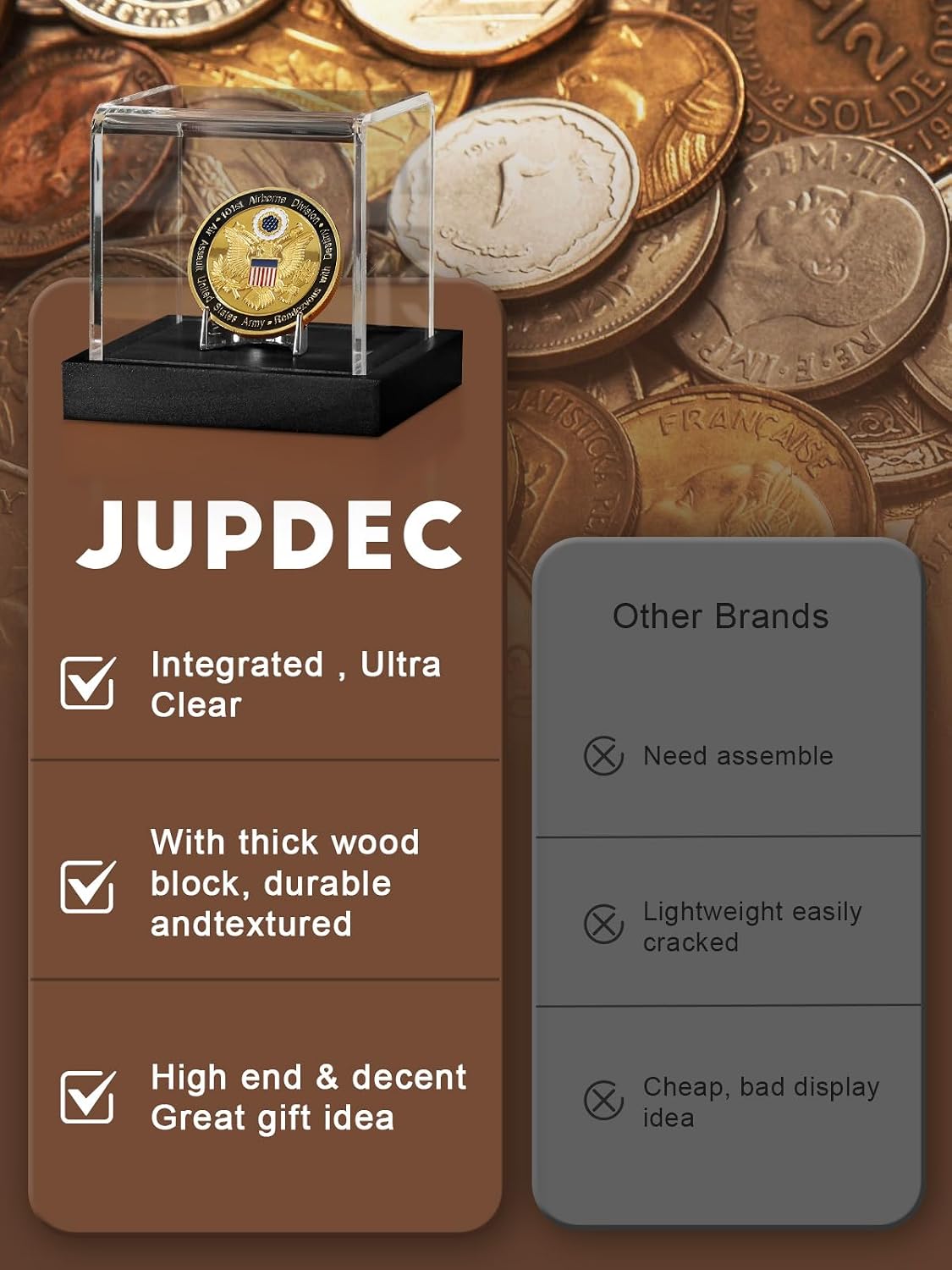 JupDec Coin Display Case, Clear Acrylic Showcase with Wood Base & Alloy Holder for Single Challenge Coin, UV Protection Souvenirs and Collectibles Box, Ideal Gift for Coin Fans, Black