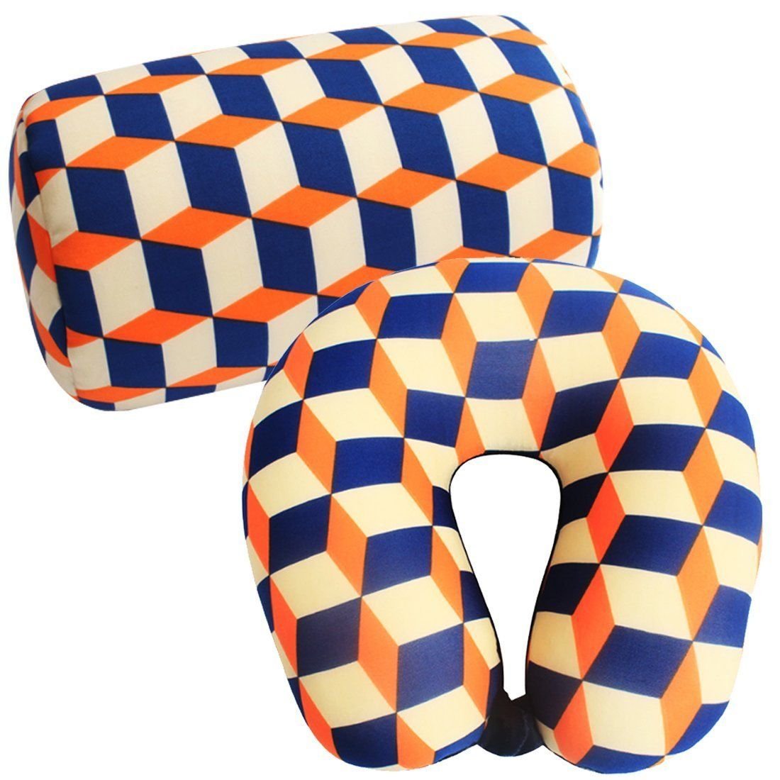 Bookishbunny 2pcs Micro Bead Set U Shaped Neck Travel Pillow 12" x 12" x 4" and Roll Back Pillow Cushion 13" x 7", Various Designs (Blue Orange)