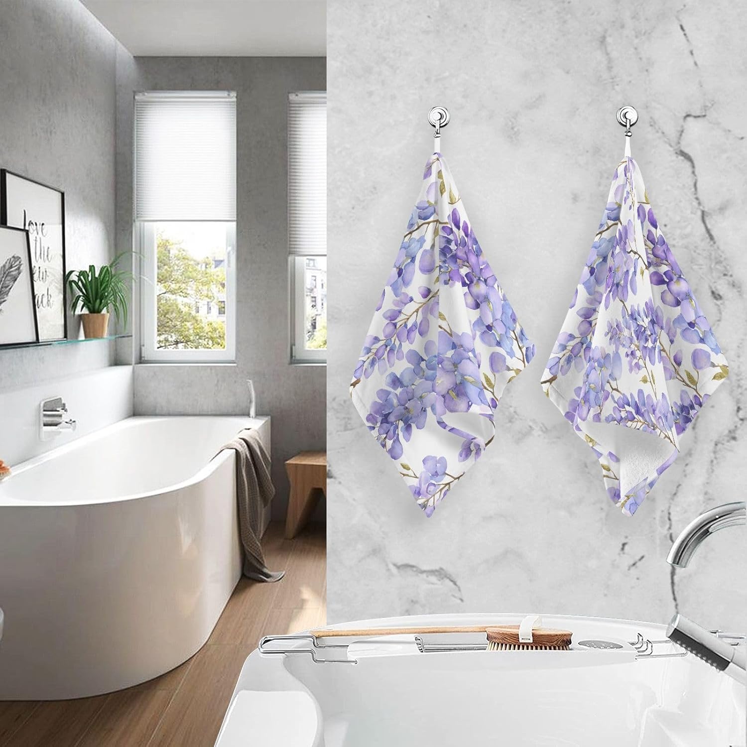 OTVEE Absorbent Cotton Towel Set of 2 Wisteria Lilac Flower Floral Towels for Hair Face Gym Bathroom Kitchen Aesthetic Decor Hand Towel 2 Pack