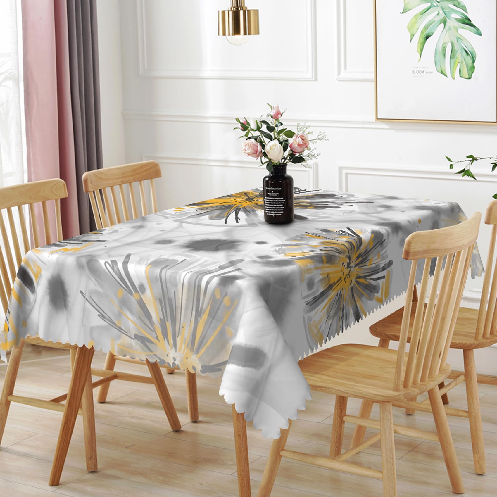 TTQYFNM 70x90inches Abstract Floral Tablecloth Watercolor Grey Yellow Flower Print Rectangle Table Cloth Waterproof Stain Resistant Polyester Fabric