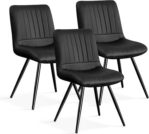Juego de 3 sillas de comedor, modernas sillas de comedor con cojines gruesos, sillas tapizadas de piel sintética para cocina, comedor con patas de