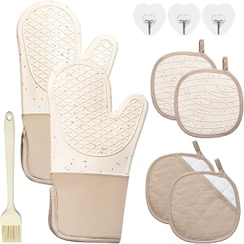 7 PCS Kitchen Oven Mitts and Pot Holders Cooking Mittens Heat Resistant 500F Silicone Oven Mitts Soft Cotton Lining Non-Slip Oven Mittens for Kitchen Baking BBQ Cooking with Hook Up Oil BrushCream